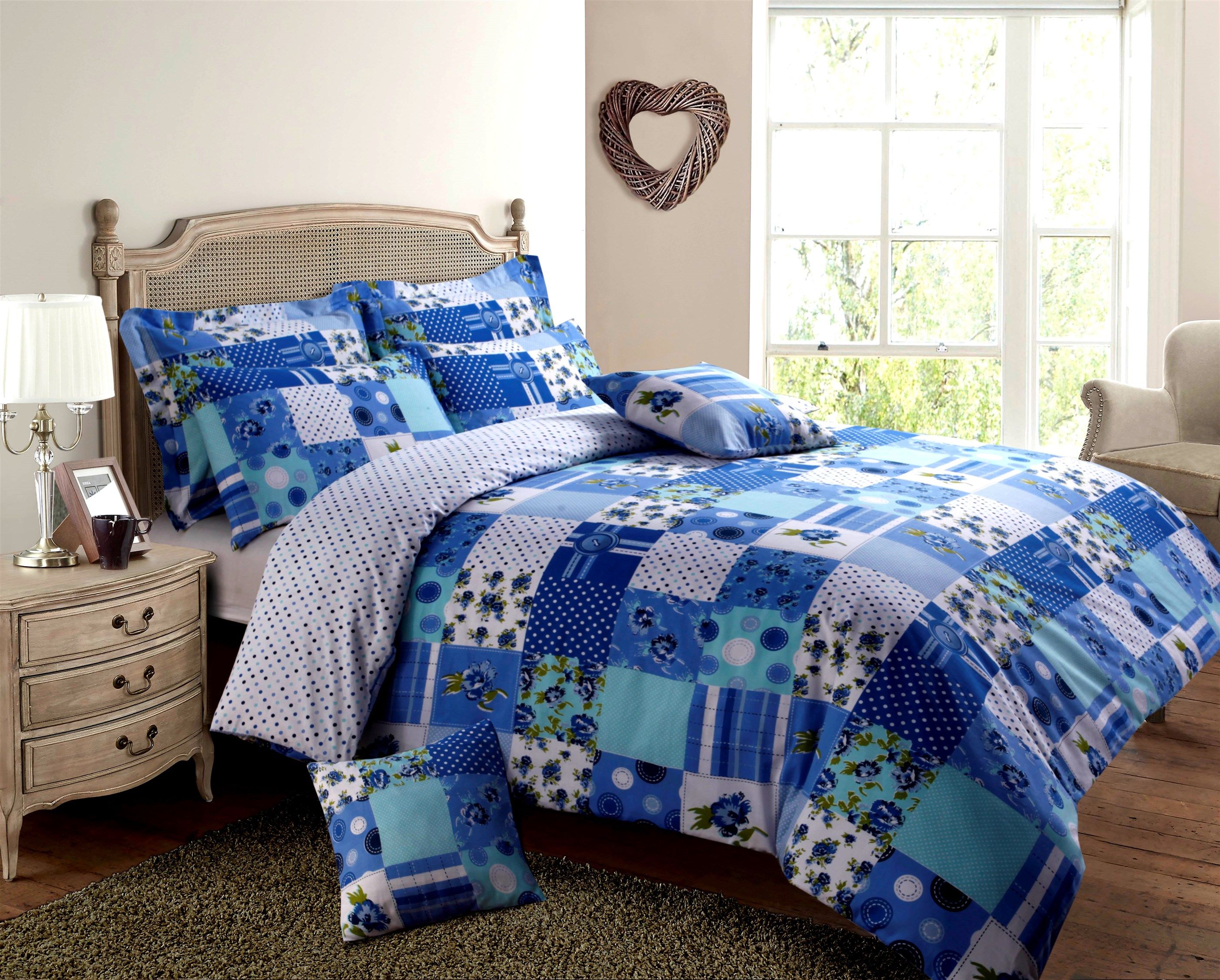Velosso Stitch Trail Patchwork Cotton Rich Printed Duvet Cover & Pillowcase Set in Blue