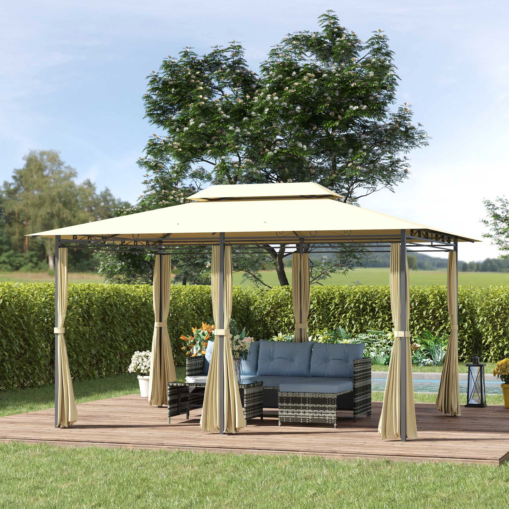 OUTSUNNY 4m x 3(m) Outdoor 2-Tier Steel Frame Gazebo w/ Curtains Outdoor Garden in Beige
