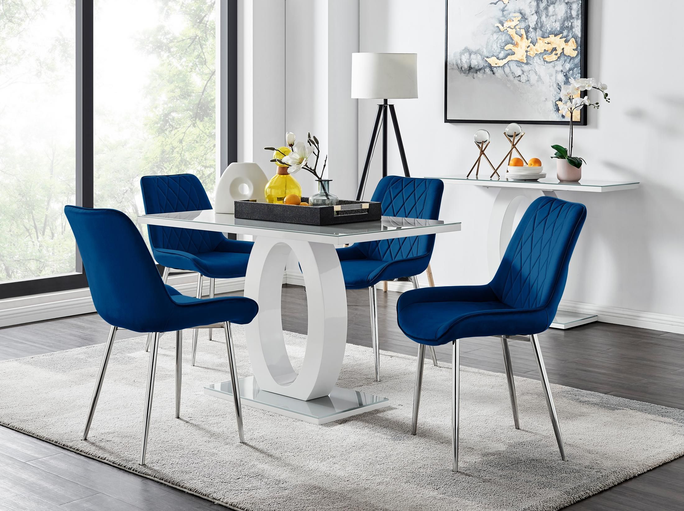 FurnitureboxUK Giovani 4 Grey Dining Table & 4 Pesaro Silver Leg Chairs in Navy