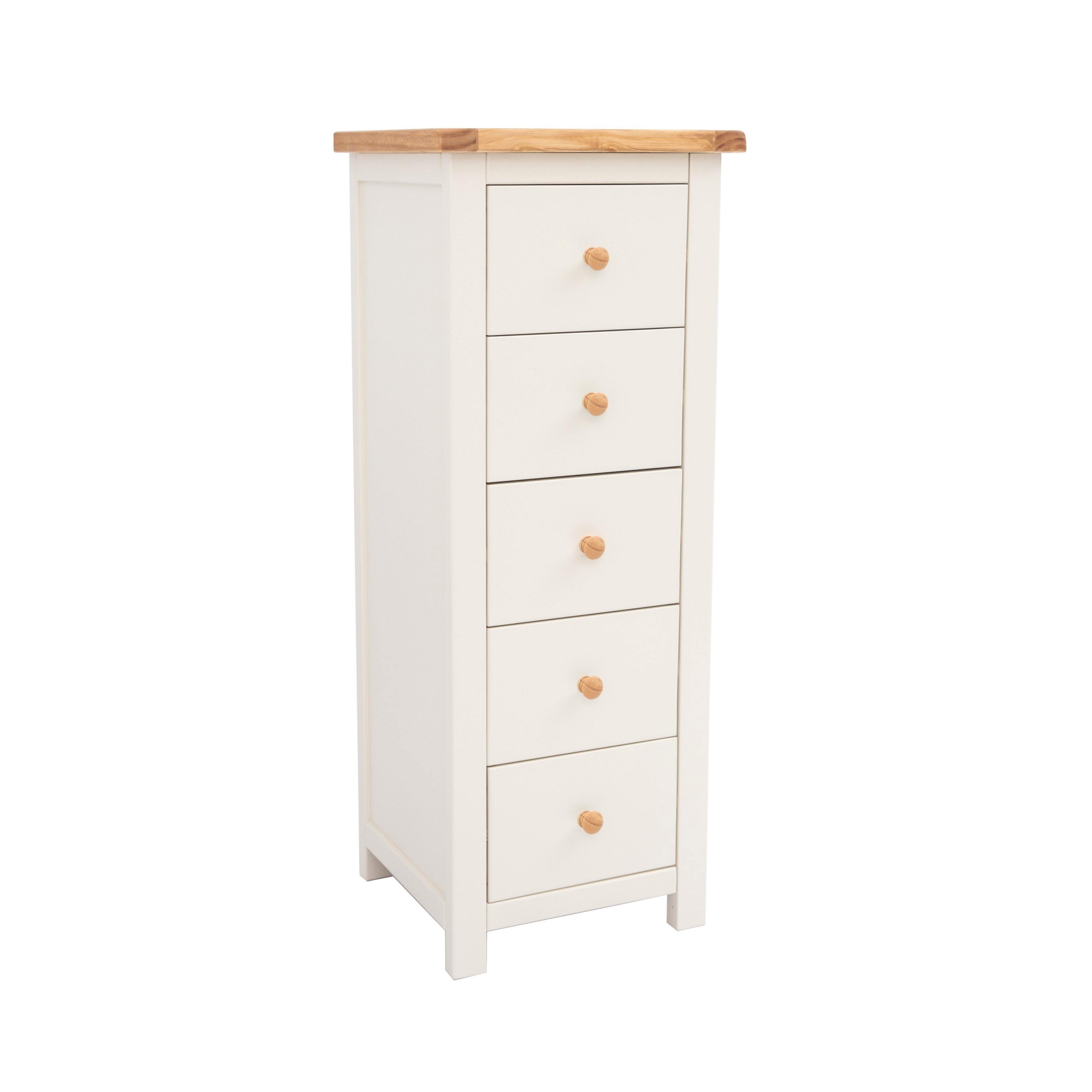 Cabinet Bits Maggiori 5 Drawer Narrow Chest of Drawers Wood Knob in Off-White