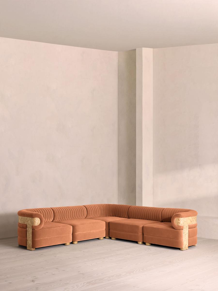 Caleb Modular Corner Sofa, Velvet, Antique Rose, Blonde Burl