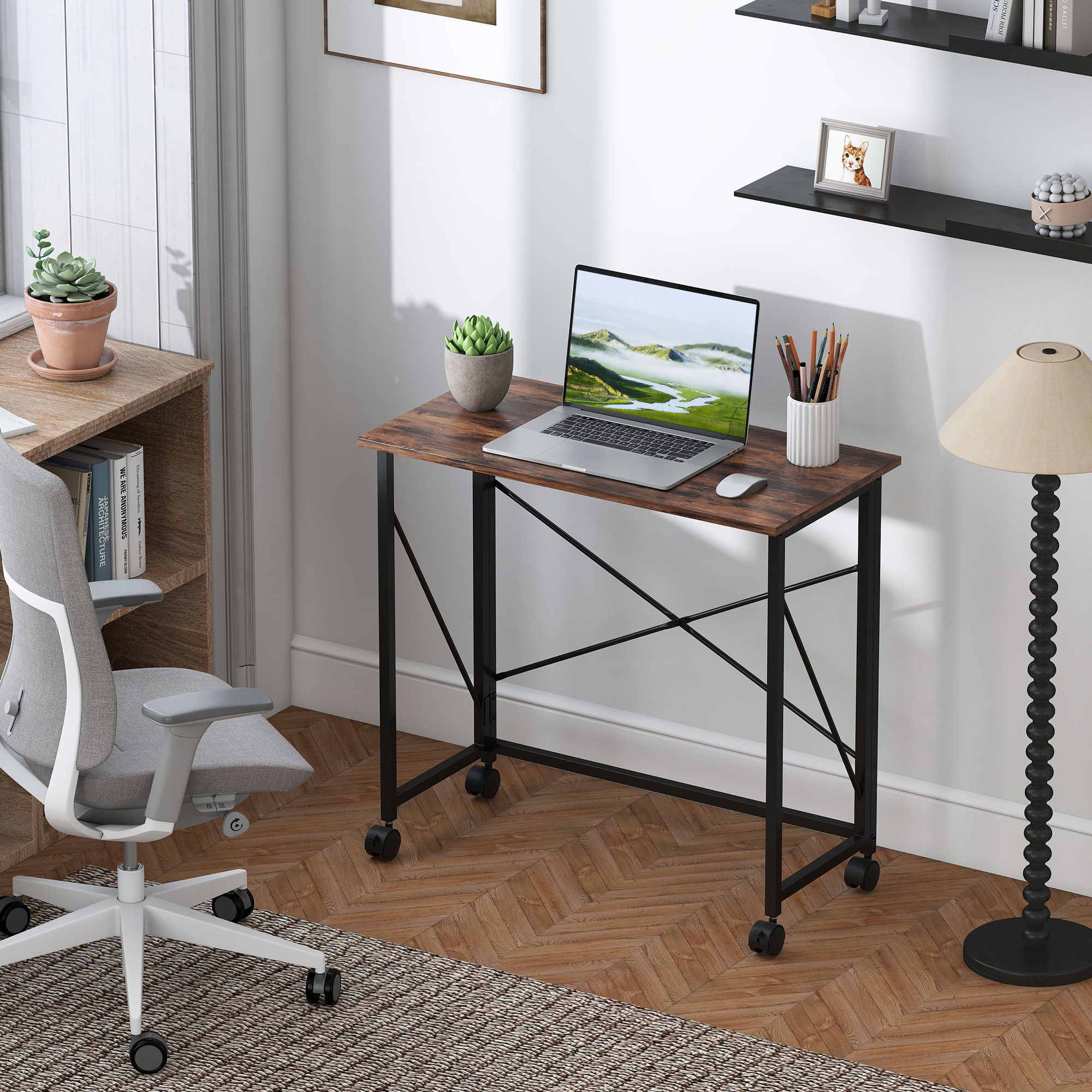 HOMCOM Folding Desk on Wheels, Writing Table for Home Office, Brown