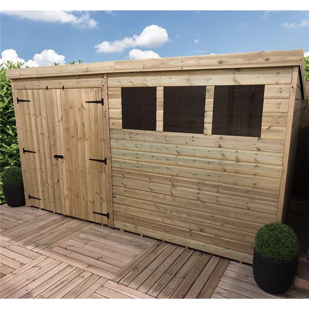 Marlborough 12 x 5 Pressure Treated Pent Garden Shed with Double Doors in Natural 2