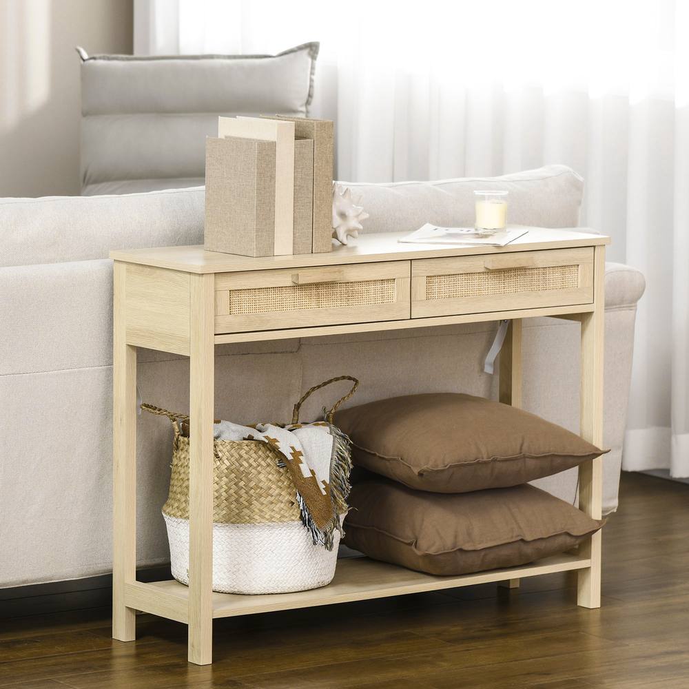 HOMCOM Console Sofa Table Hallway Side Desk with Shelf Drawer in Natural