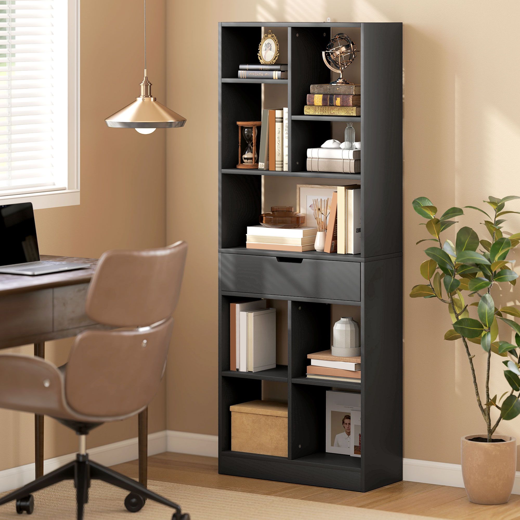 HOMCOM Freestanding Bookcase Display Shelf with Drawer for Home Office in Black
