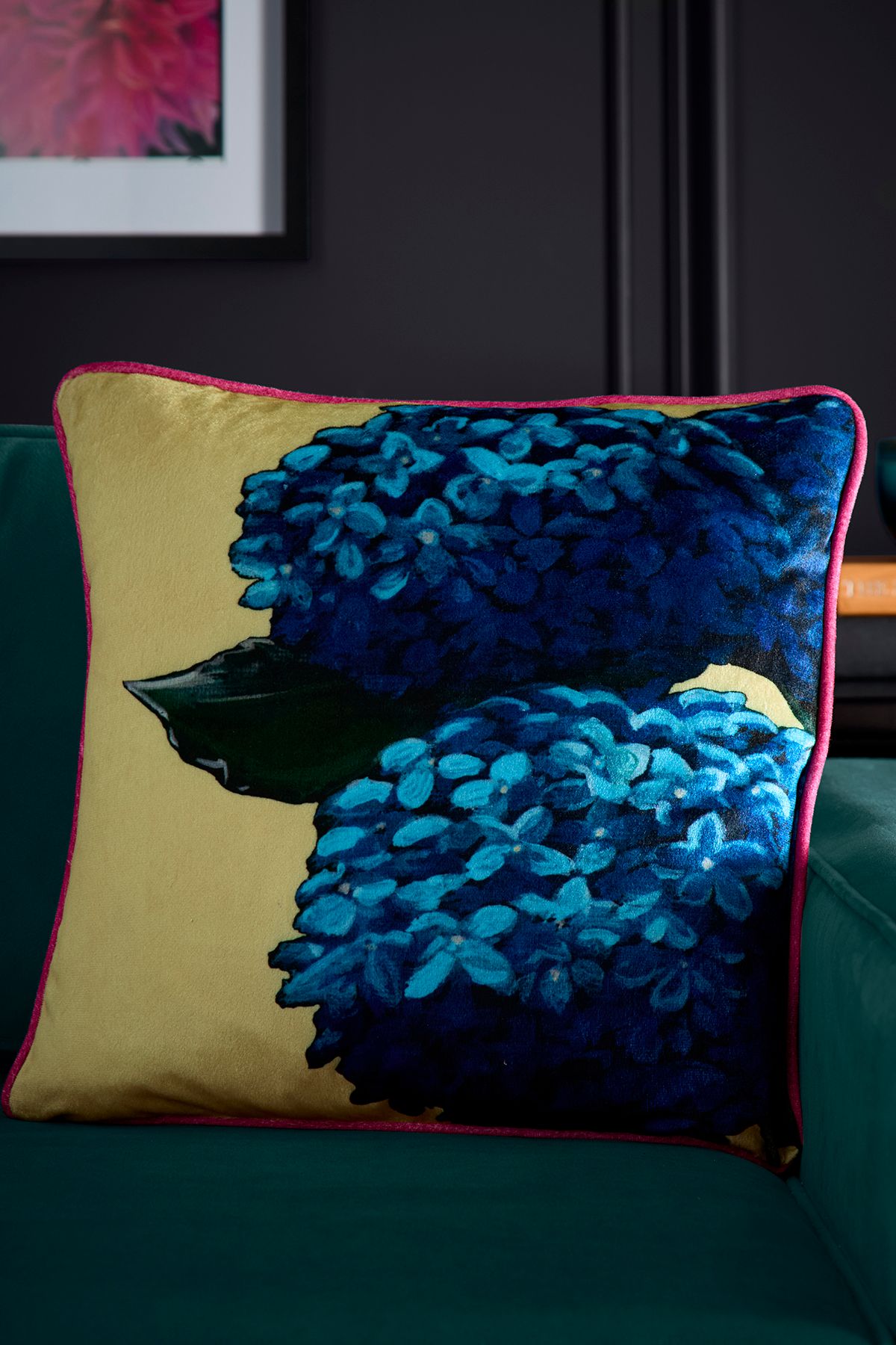 Laurence Llewelyn-Bowen 'Hiyah Hydrange' Hydrangea Blooms Print Velvet Filled Cushion in Lime