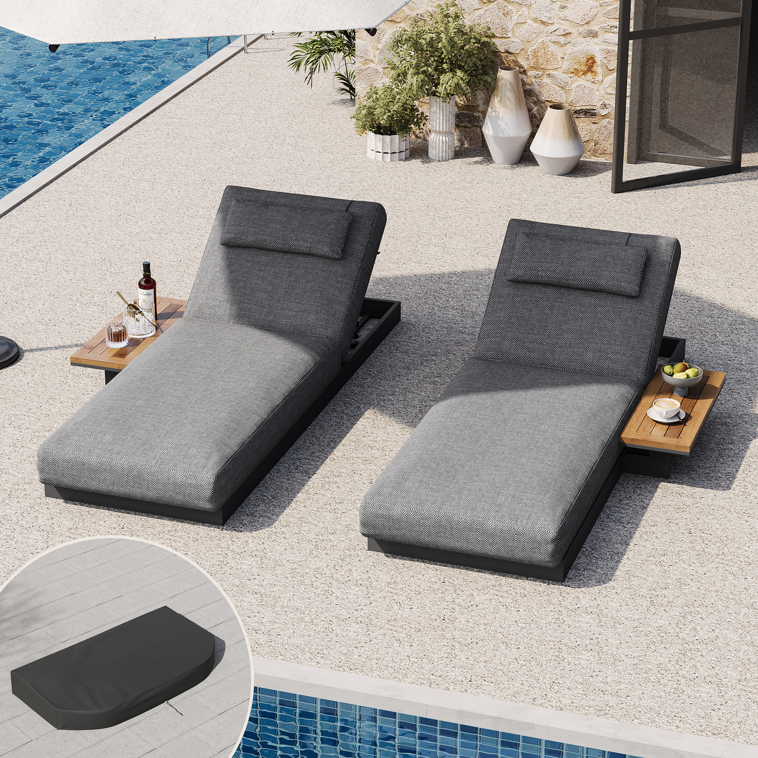 Tevara 2-Piece Dark Grey Teak Aluminium Adjustable Outdoor Chaise Lounge with Cover