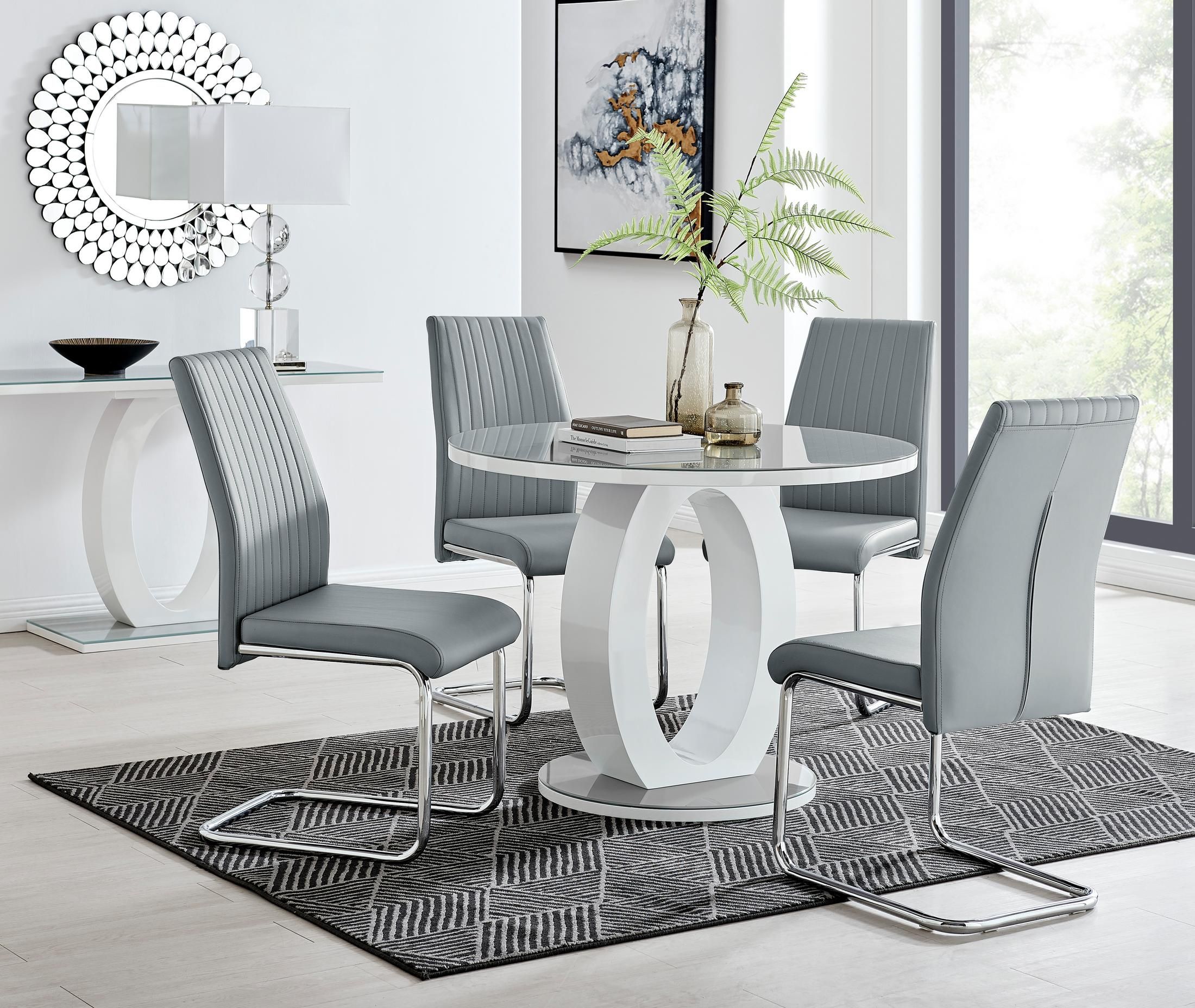 FurnitureboxUK Giovani Round 4 Seat 100cm White High Gloss Unique Halo Base Grey Glass Top Dining Table 4 Soft Faux Leather Lorenzo Chairs in Mustard