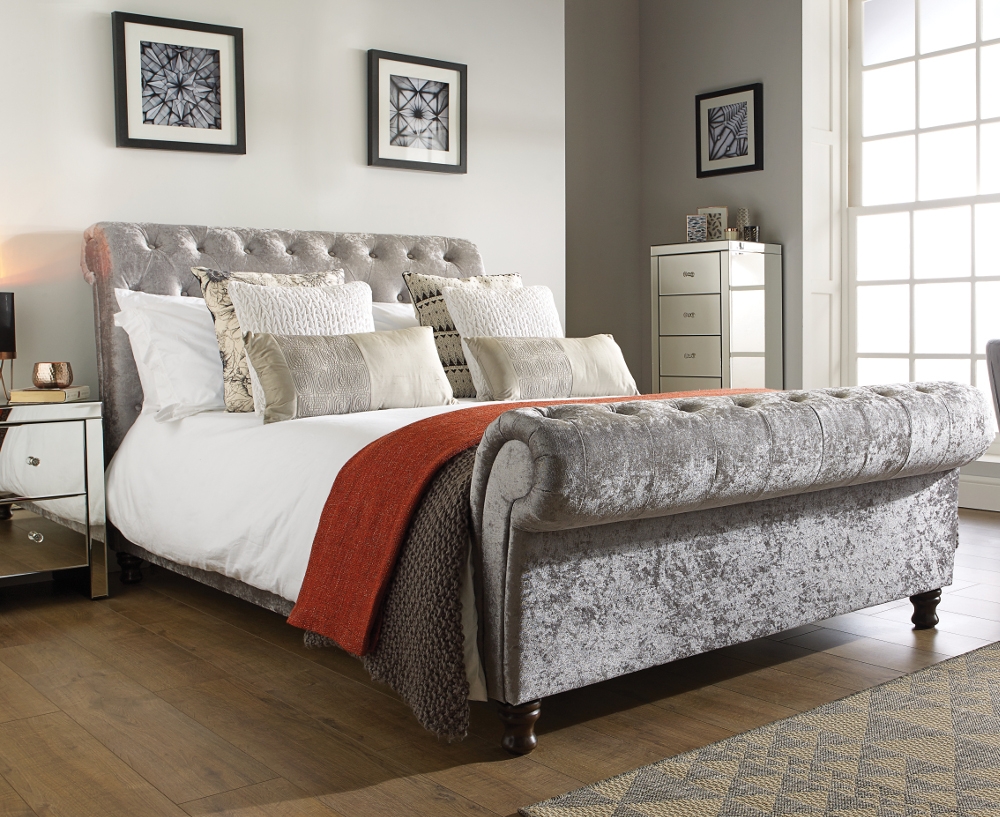 Castello Steel Fabric Scroll Sleigh Bed Frame - 4ft6 Double