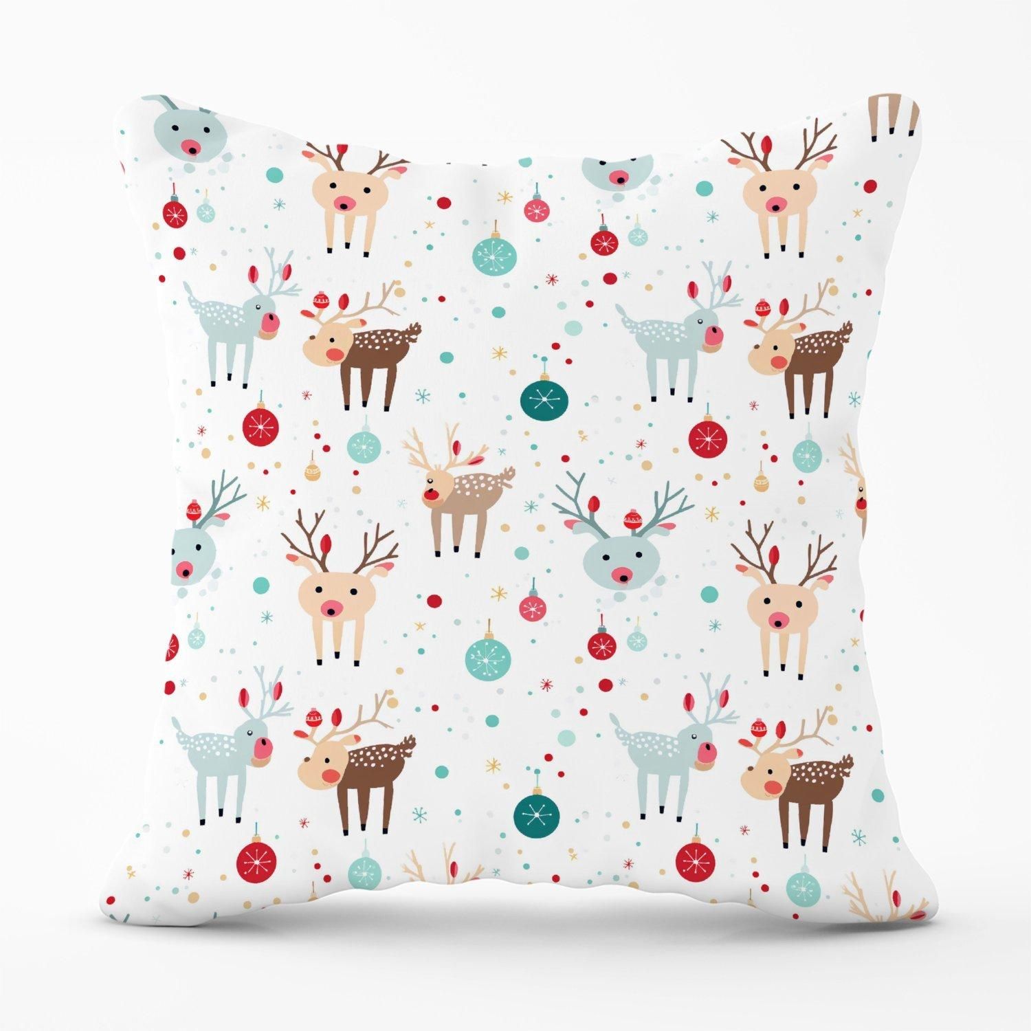 Warren Reed - Designer Happy Reindeer With Christmas Lights Outdoor Cushion in White