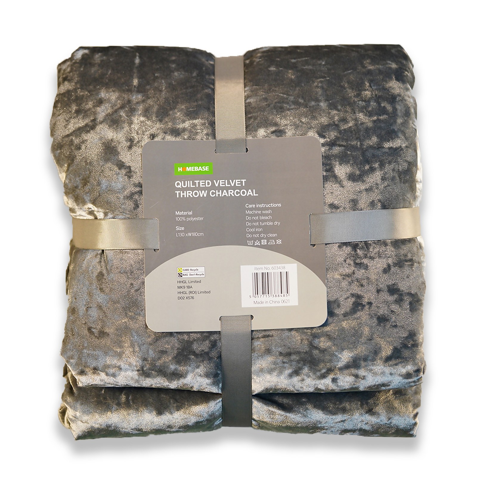 Quilted Crushed Velvet Throw - Charcoal - 130x180cm