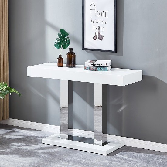 Candice Console Table In White Gloss With Stainless Steel Legs