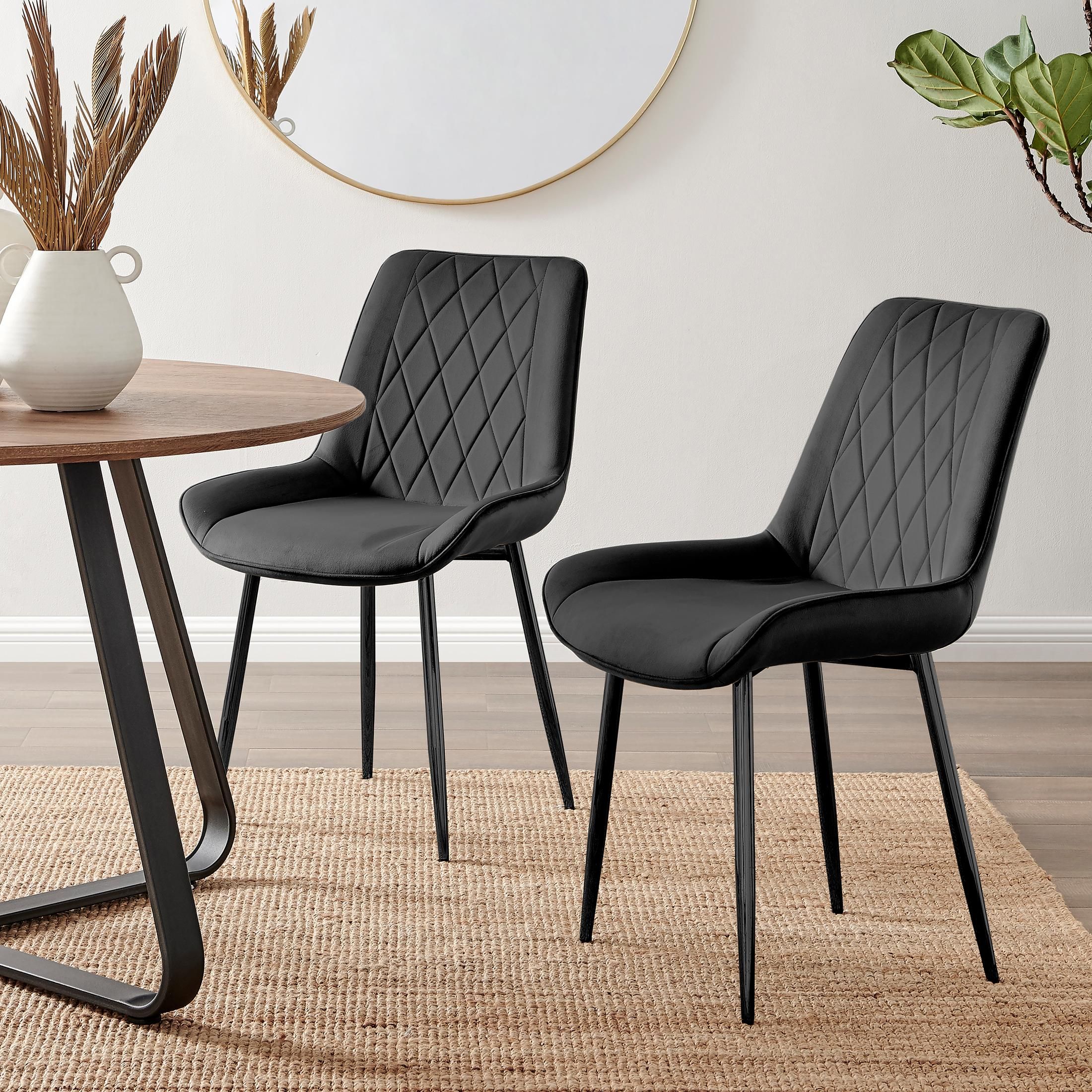 FurnitureboxUK Set of 2 Pesaro Luxury Velvet Dining Chairs With Diamond Stitched Back & Black Metal Legs