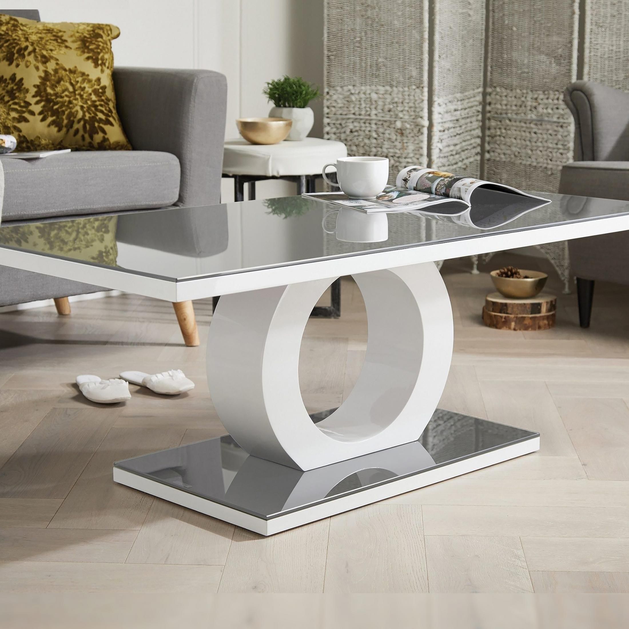 FurnitureboxUK Giovani Rectangular White High Gloss Coffee Table with Glass Top & Unique Halo Structural Plinth Base Design in Grey