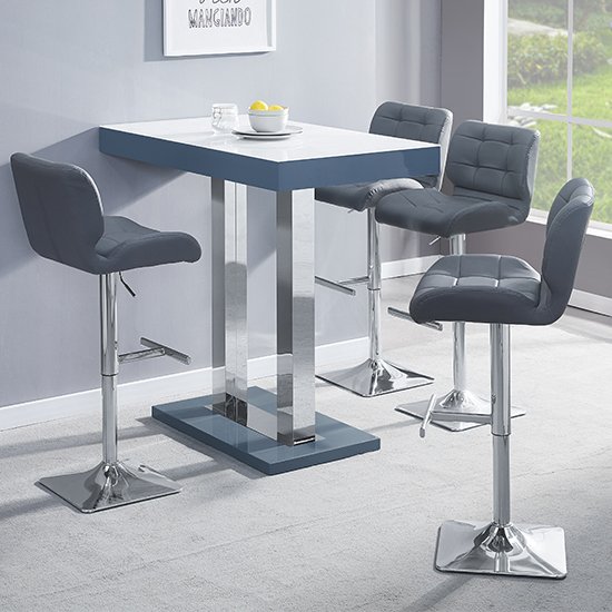 Caprice Grey White Gloss Bar Table With 4 Candid Grey Stools