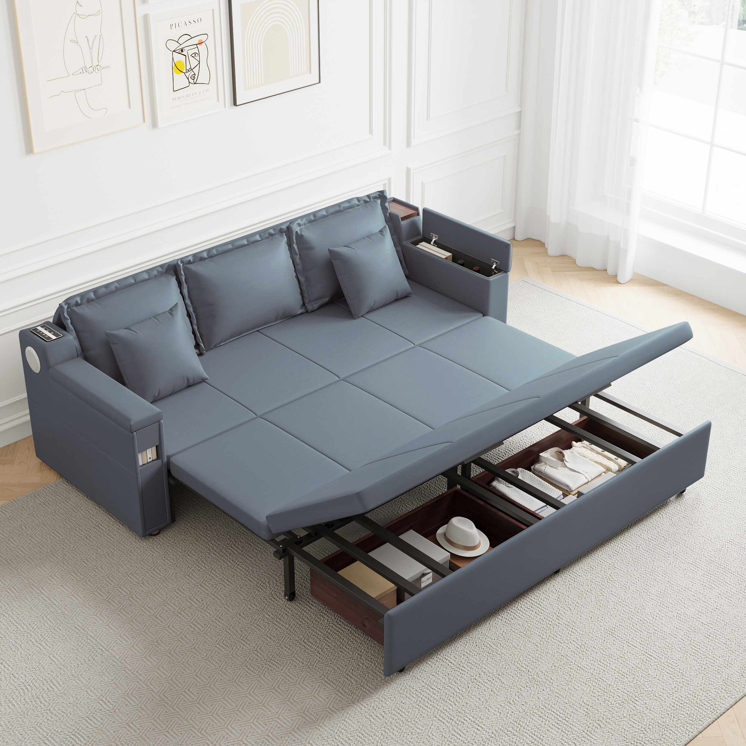 2100mm Convertible Bed Full Sleeper Sofa Leath-aire Upholstered Storage with Speaker