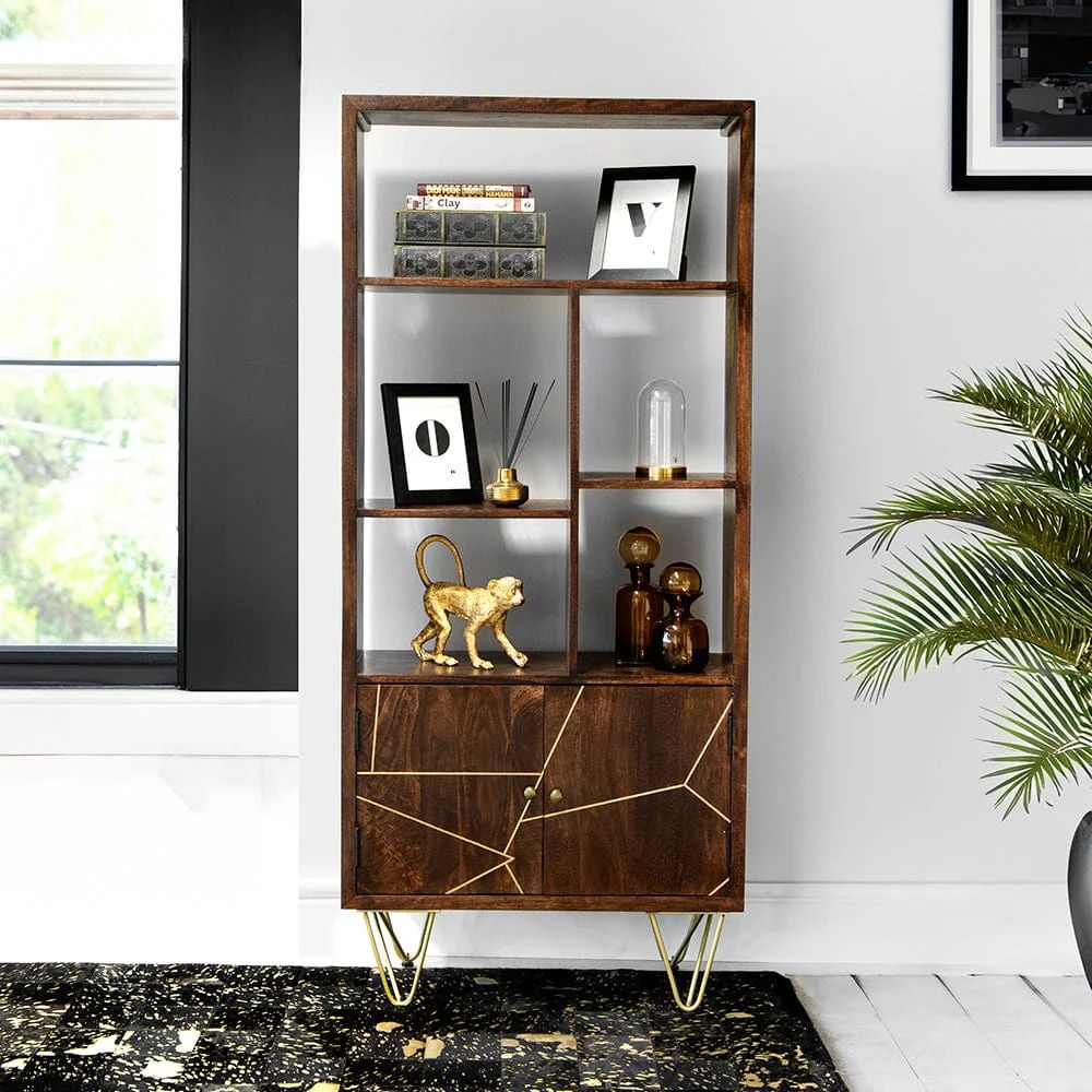IH Design Jusleen Solid Mango Wood Large Bookcase 2 Door in Brown