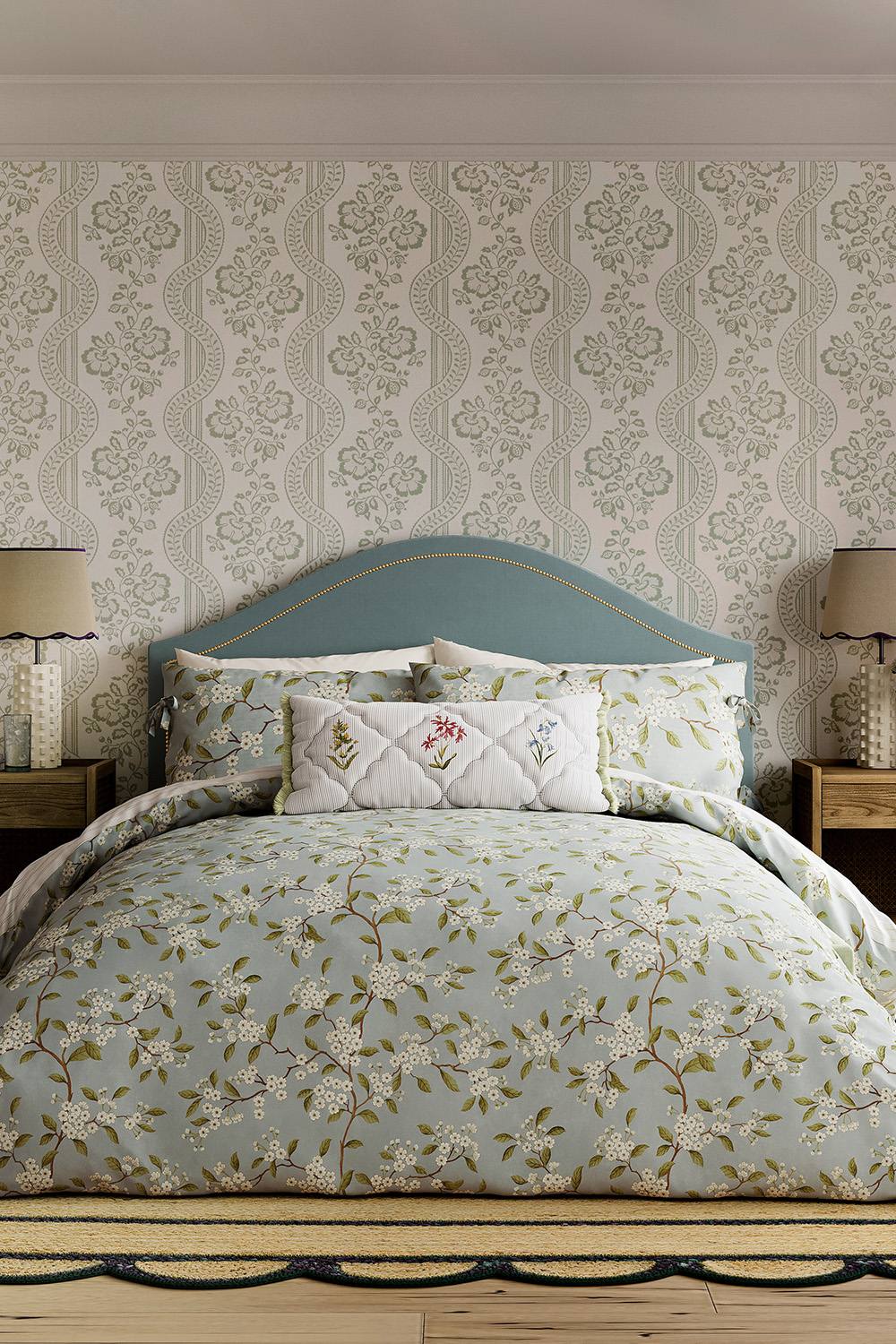 Sanderson 'Damson Blossom' Cotton Duvet Cover Set in Light Blue