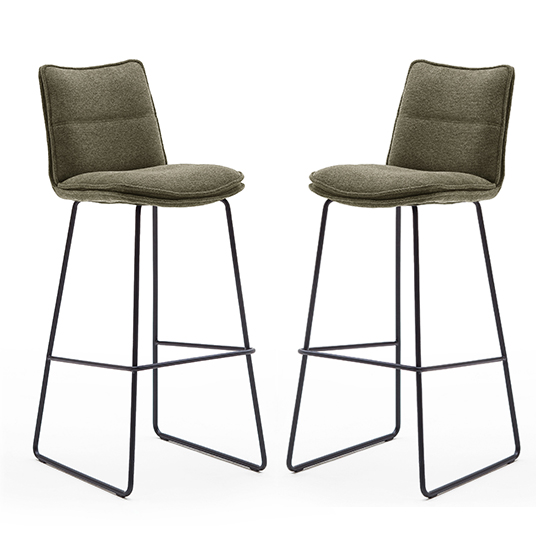 Ciko Olive Fabric Bar Stools With Matt Black Legs In Pair