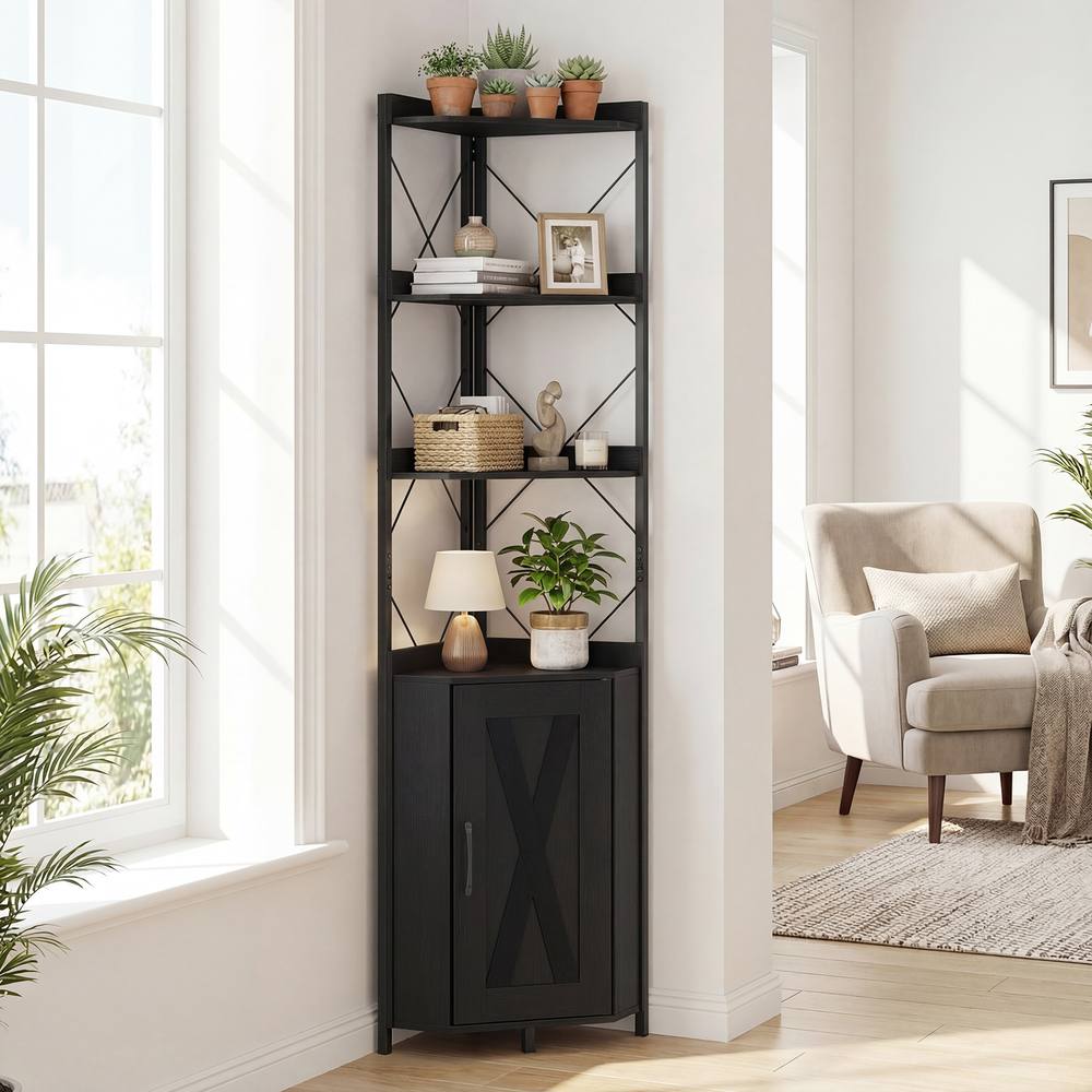 Costway Modern Corner Shelf 180cm Tall Corner Cabinet Bookshelf Display Rack in Black