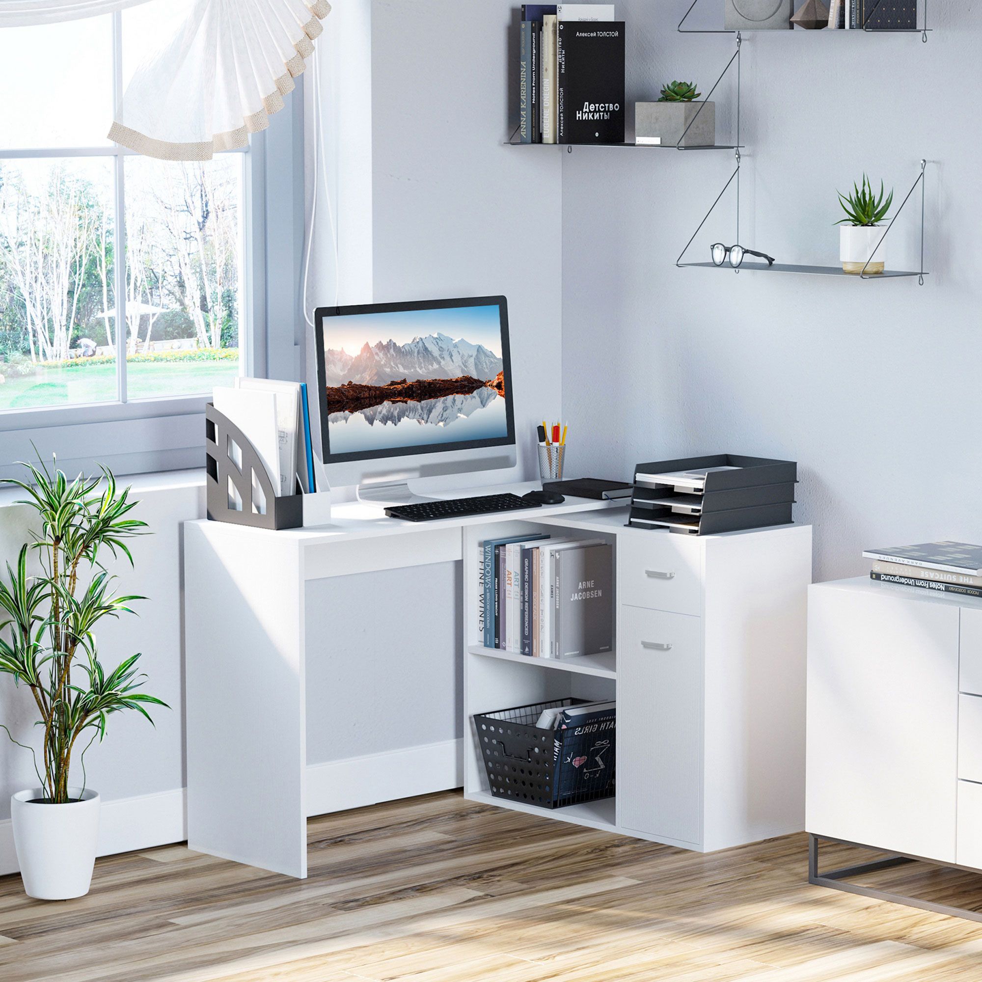 HOMCOM Corner Computer Desk 180° Rotating Dining Table W/ Storage Shelf in White
