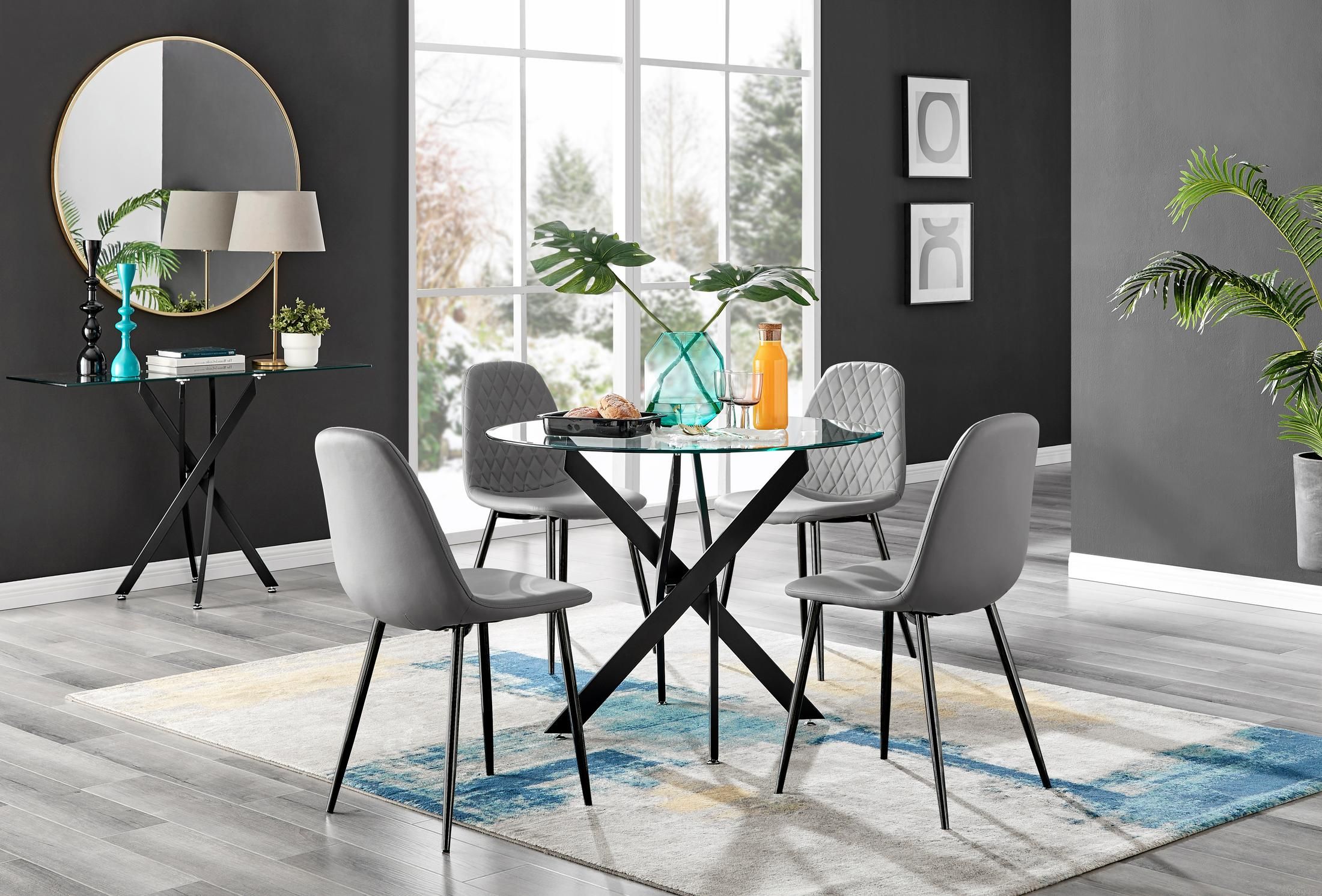 FurnitureboxUK Novara 4 Seater Black Leg Round Glass Dining Table & 4 Corona Faux Leather Black Leg Chairs in Grey
