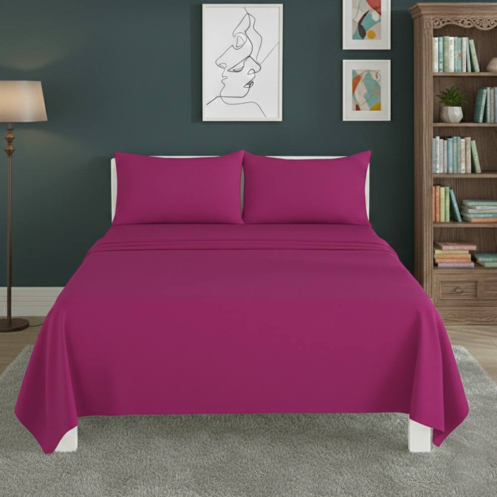 Snug City Easy Care Flat Bed Sheet Polycotton Durable Low Maintenance Bedding in Fuchsia