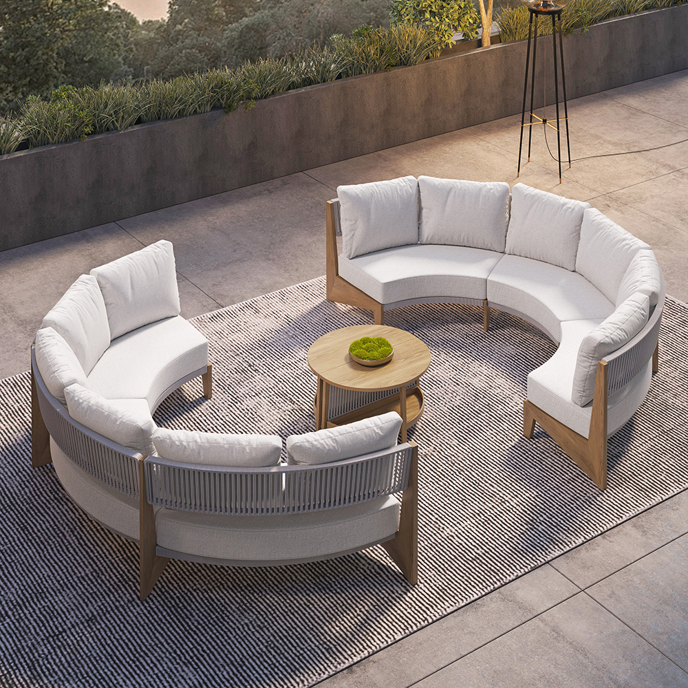 Farmhouse Curved Modular Outdoor Patio Sectional Sofa & Propane Gas Fire Pit Table