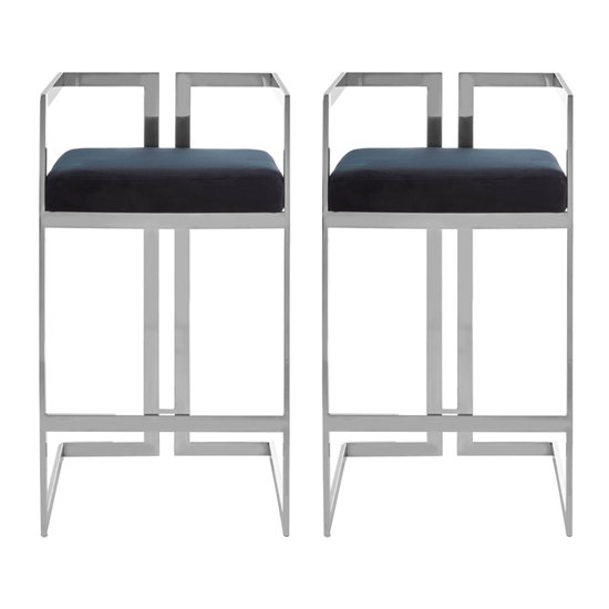 Azaltro Black Velvet Bar Stools With Silver Metalframe In Pair