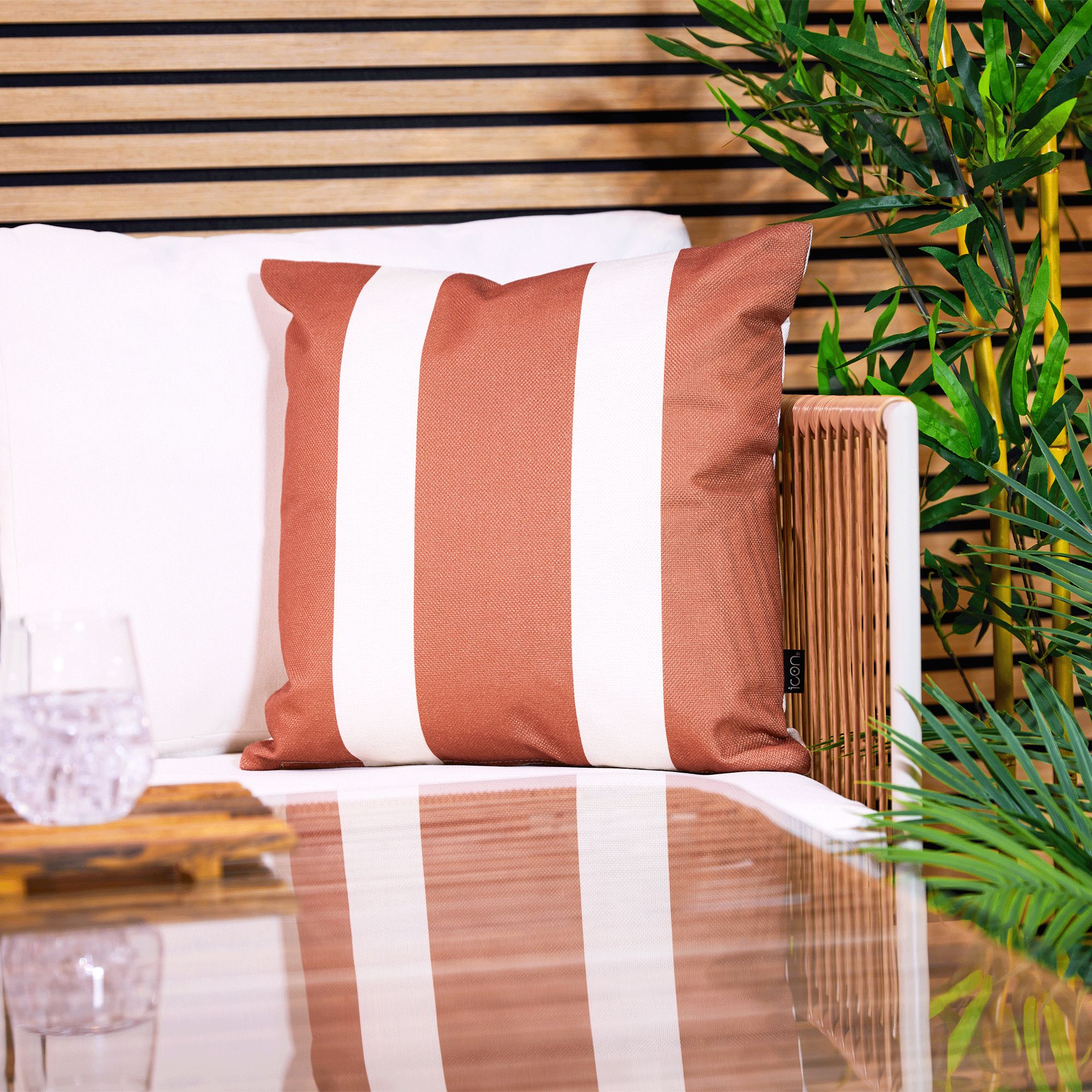 icon Indoor & Outdoor Striped Waterproof Cushion Green in Burnt Orange
