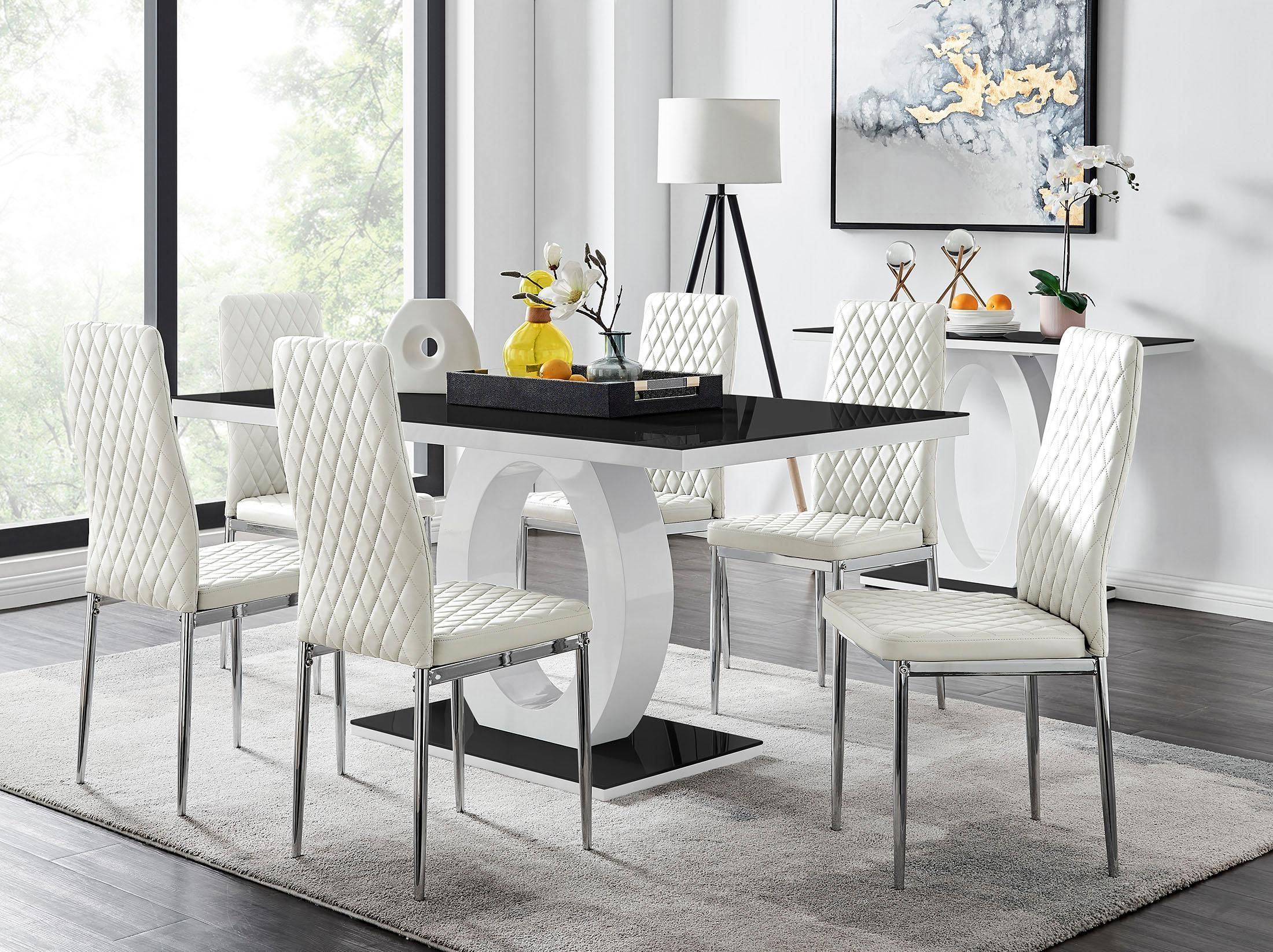 FurnitureboxUK Giovani Rectangular 6 Seat White High Gloss Unique Halo Dining Table Black Glass Top 6 Faux Leather Silver Leg Milan Chairs