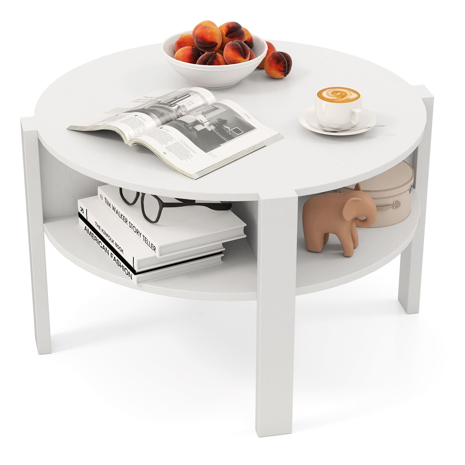 Costway 2-Tier Round Coffee Table 74cm Tea Cocktail Table w/ Storage in White