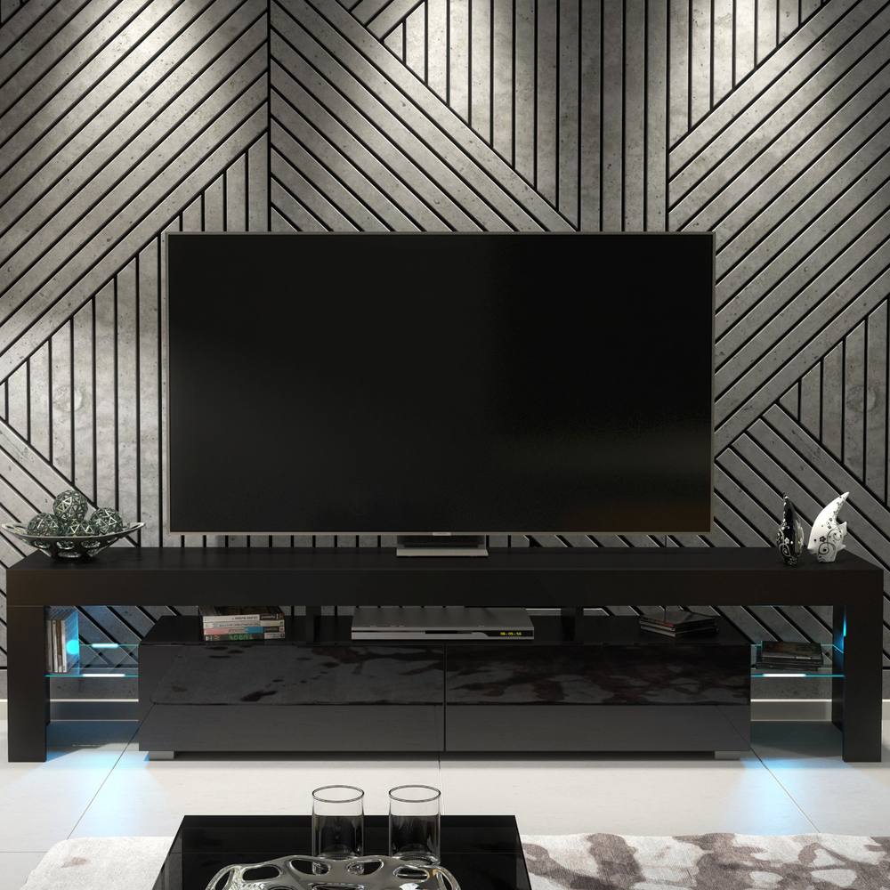 Creative Furniture Nova TV Unit 200cm - Black with Gloss Doors & LED Lights