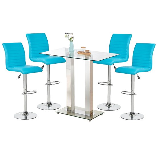 Jet Glass Bar Table With 4 Turquoise Leather Ripple Stools