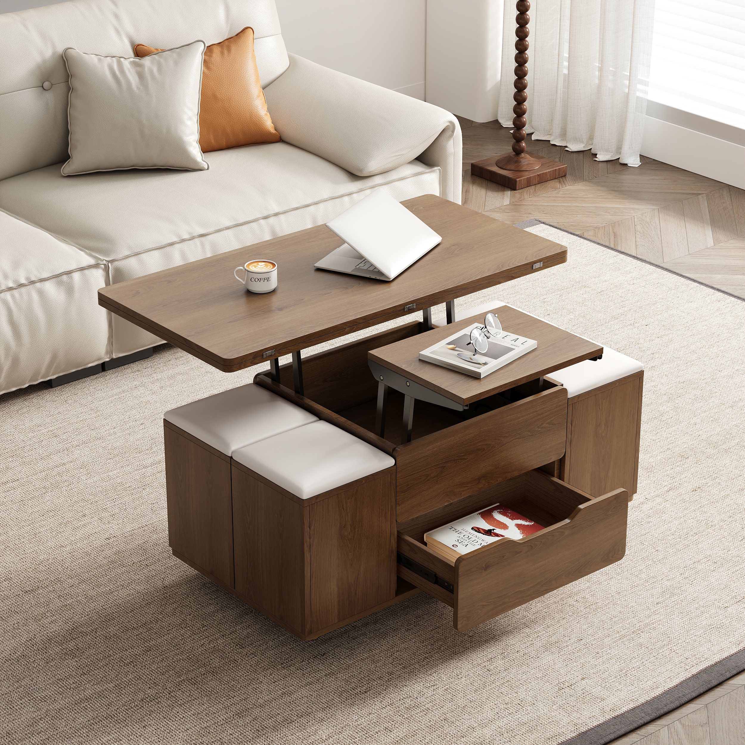 Modern Walnut Lift Top Coffee Table 10 cm 1 with Storage Ottoman Foldable and Casters