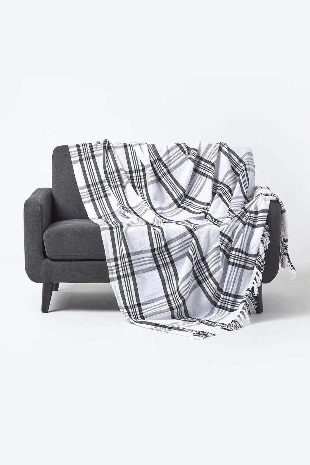 Homescapes Tartan Check Sofa & Bed Throw in White