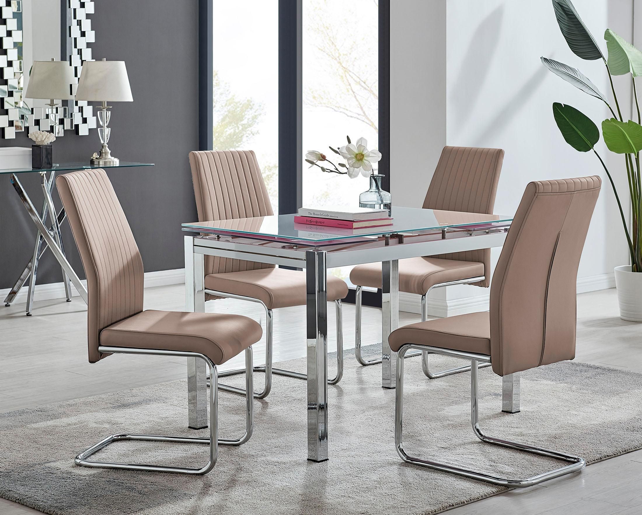 FurnitureboxUK Enna White Glass Extending 4-6 Seater Dining Table & 4 Lorenzo Faux Leather Chairs in Beige
