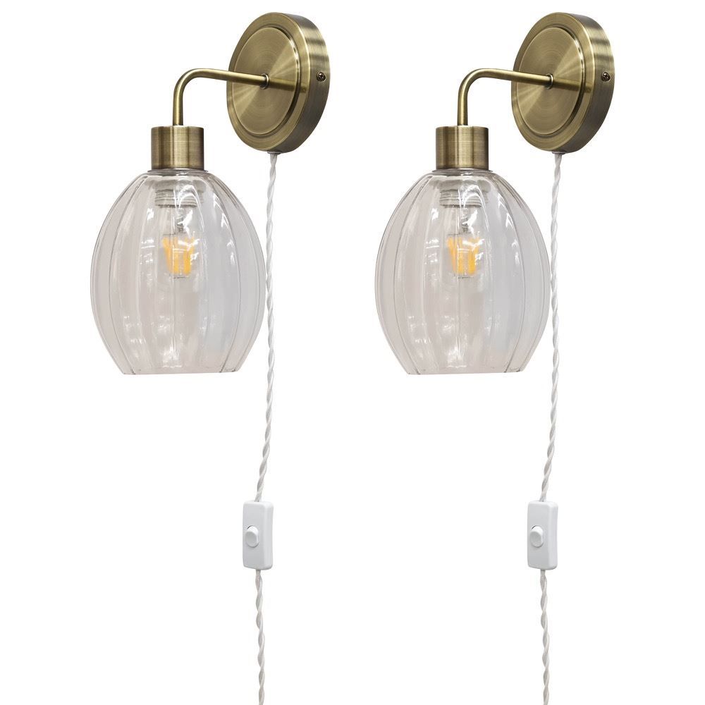 First Choice Lighting Set of 2 Toby - Antique Brass Plug in Wall Lights Fluted Shades in Gold
