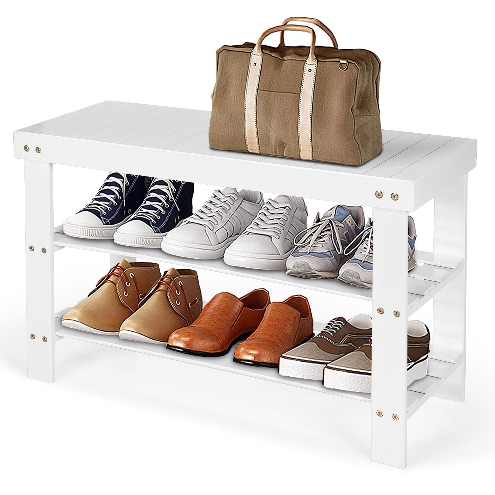 Costway 3-Tier Bamboo Shoe Bench Shoe Rack Shelf Organizer Entryway Bench Stand Display in White