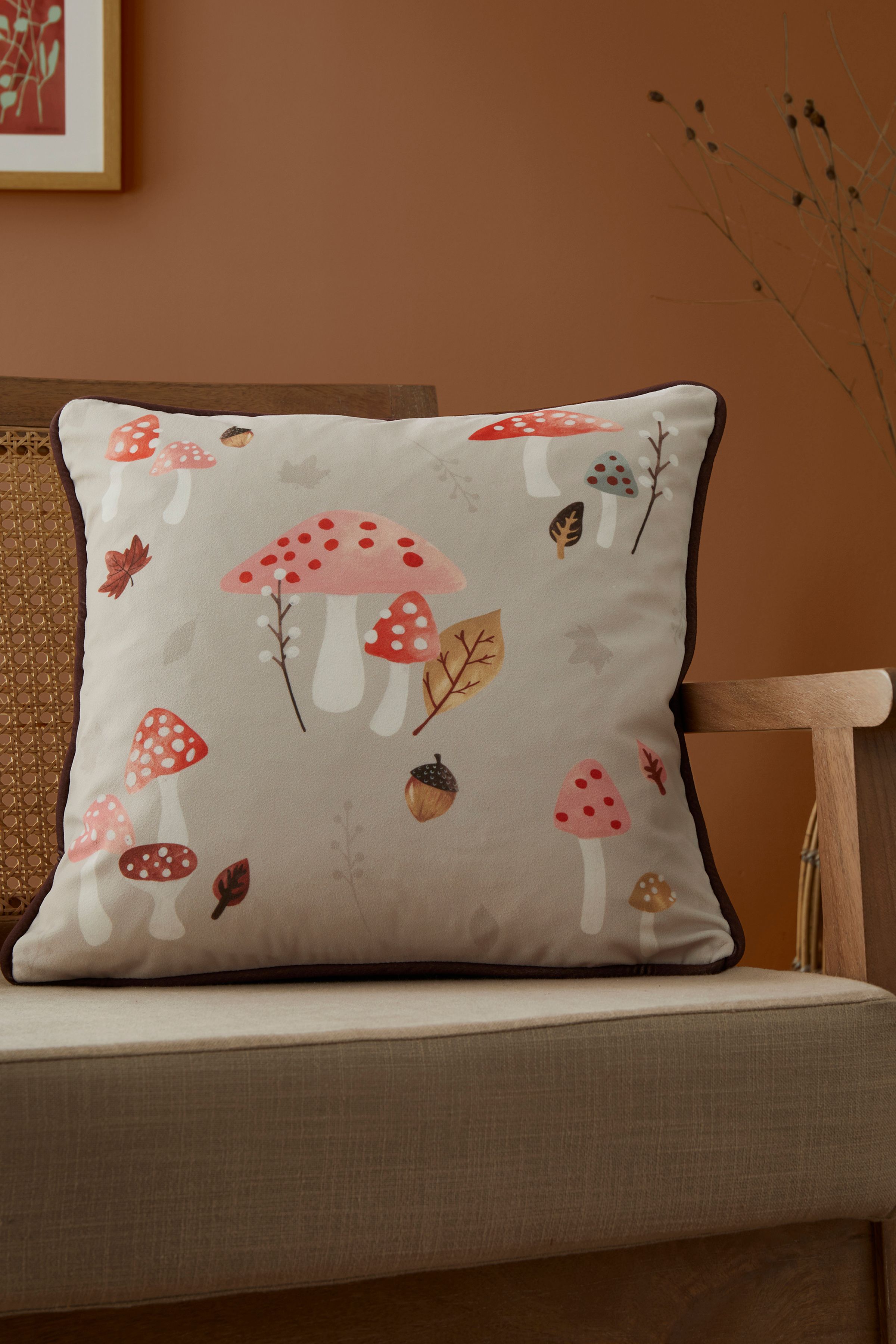 Fusion 'Woodland Dreams' Autumnal Print Velvet Filled Cushion in Chocolate
