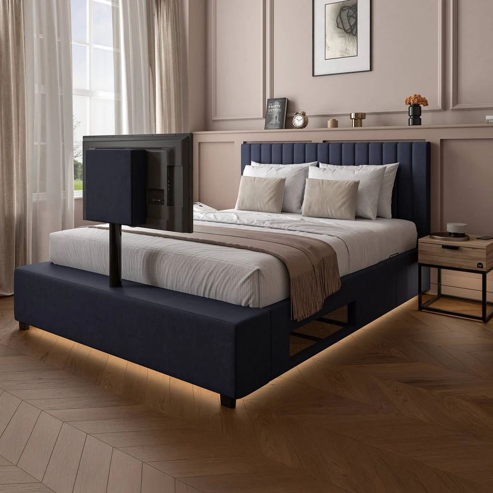 X Rocker Maisie Velvet Upholstered TV Bed with Media Storage & LED Lights in Navy