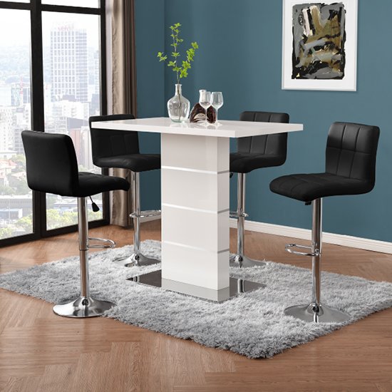 Parini High Gloss Bar Table In White With 4 Coco Black Stools