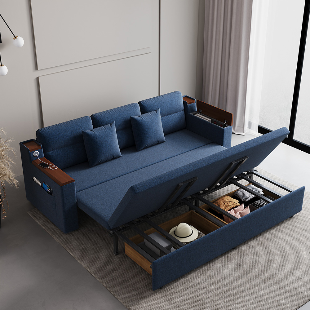 2108 cm Linen Convertible Sofa Bed Blue Full Sofa Bed with Storage and Side Pockets