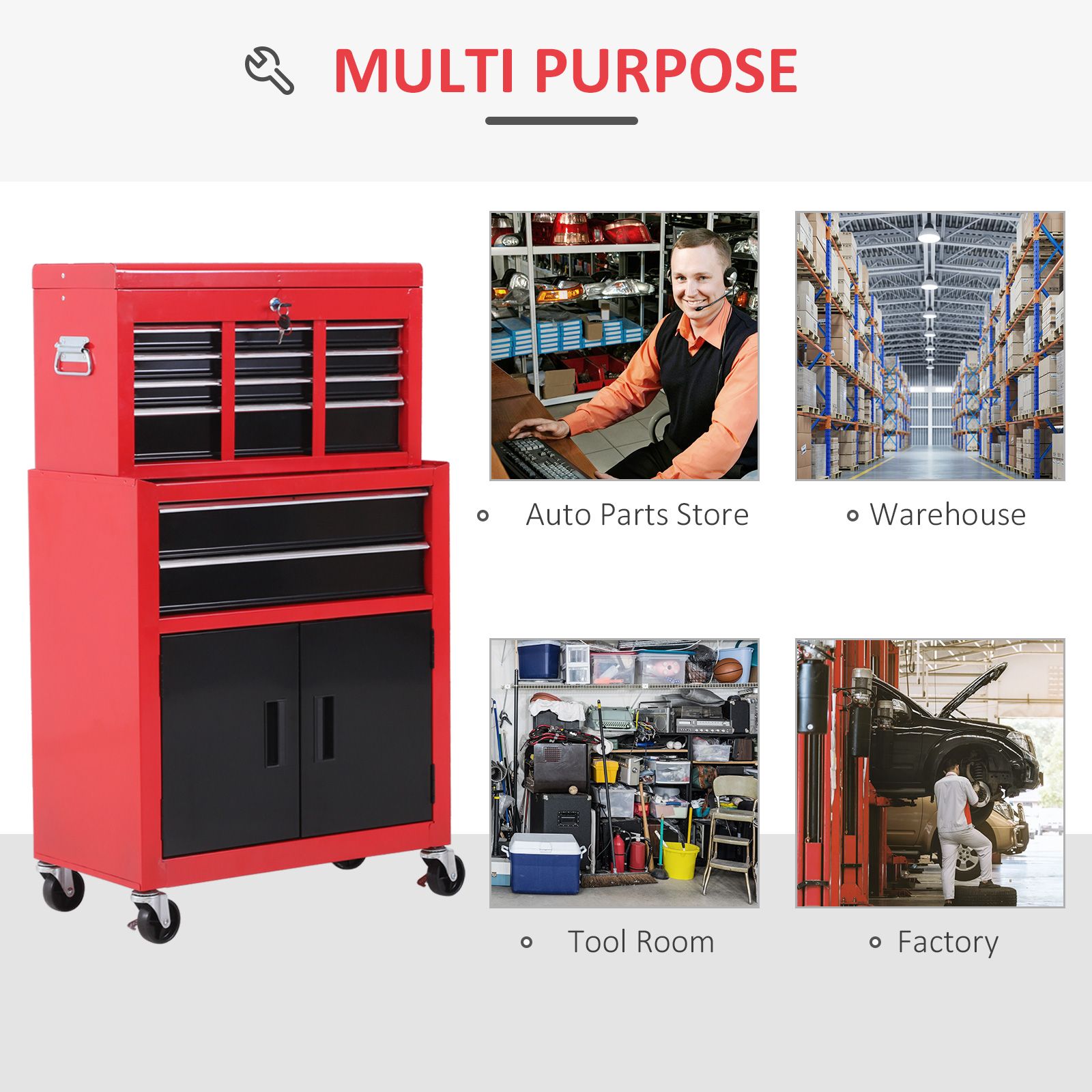 HOMCOM Portable Toolbox Tool Top Chest Box Rollcab Roll Cab Cabinet in Red 6