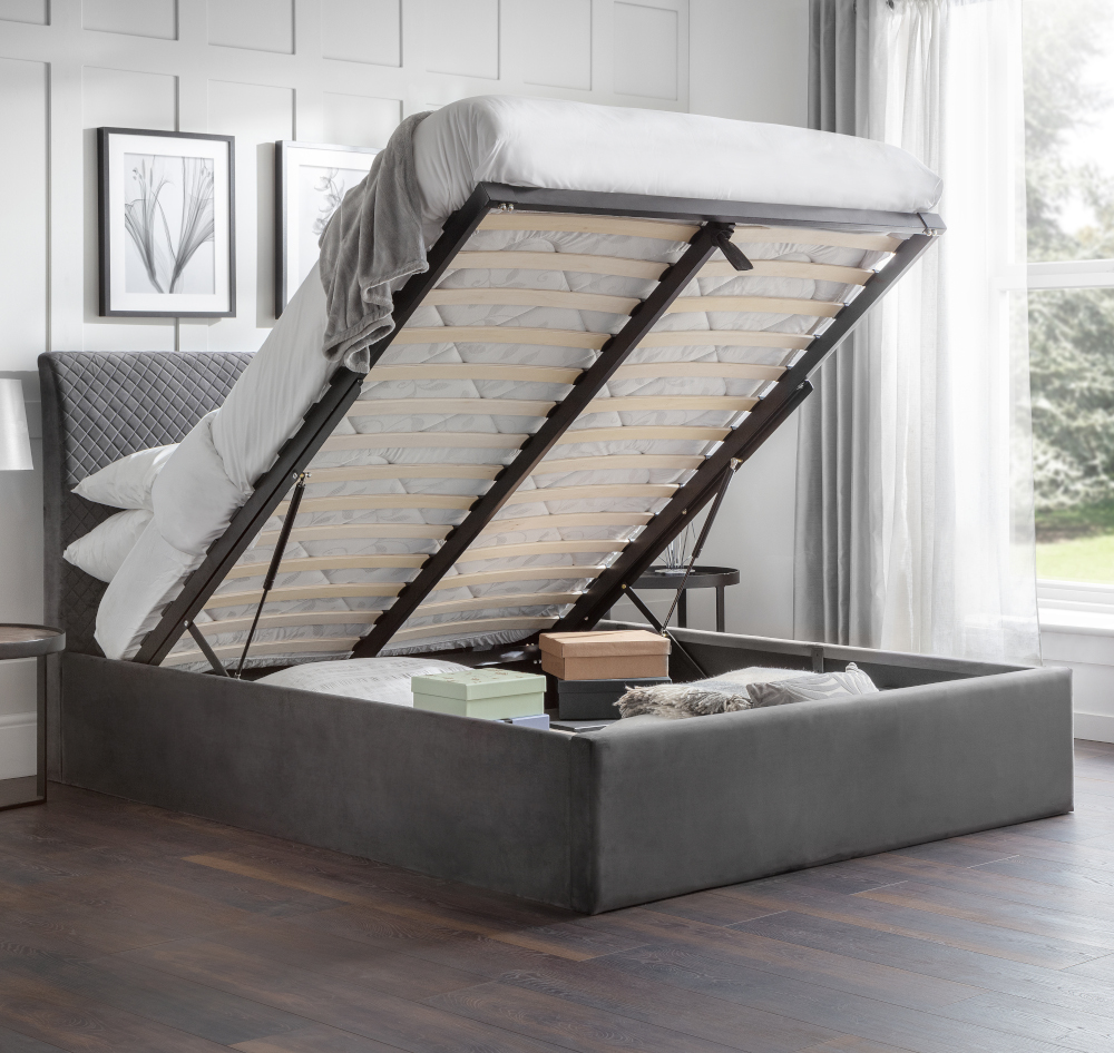 Sanderson Grey Velvet Ottoman Storage Bed Frame - 5ft King Size