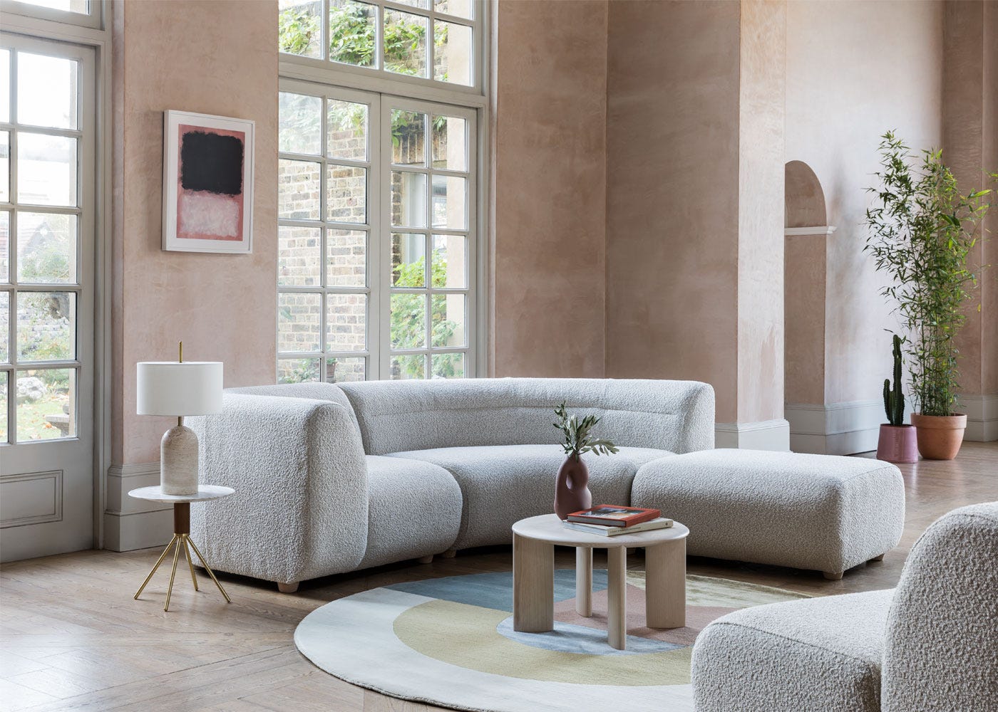 Heal's Lilli Left Hand Facing Curved Corner Sofa Smart Velvet Pebble Natural Beech Feet 2