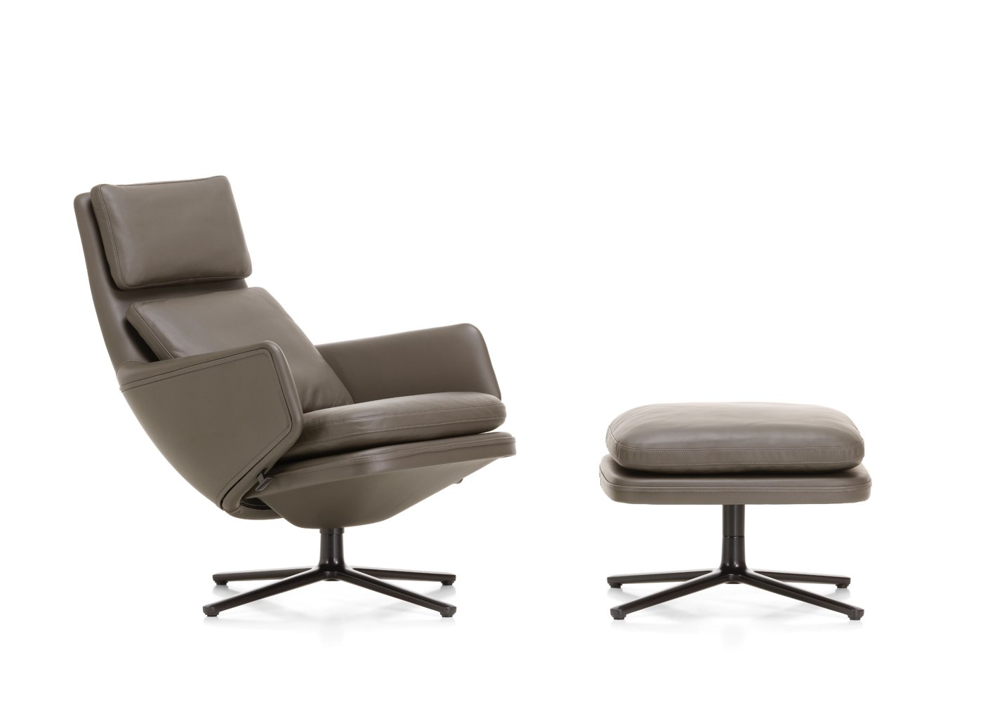 Vitra Grand Relax Chair & Ottoman Leather Umbra Grey Basic Dark Metal Base