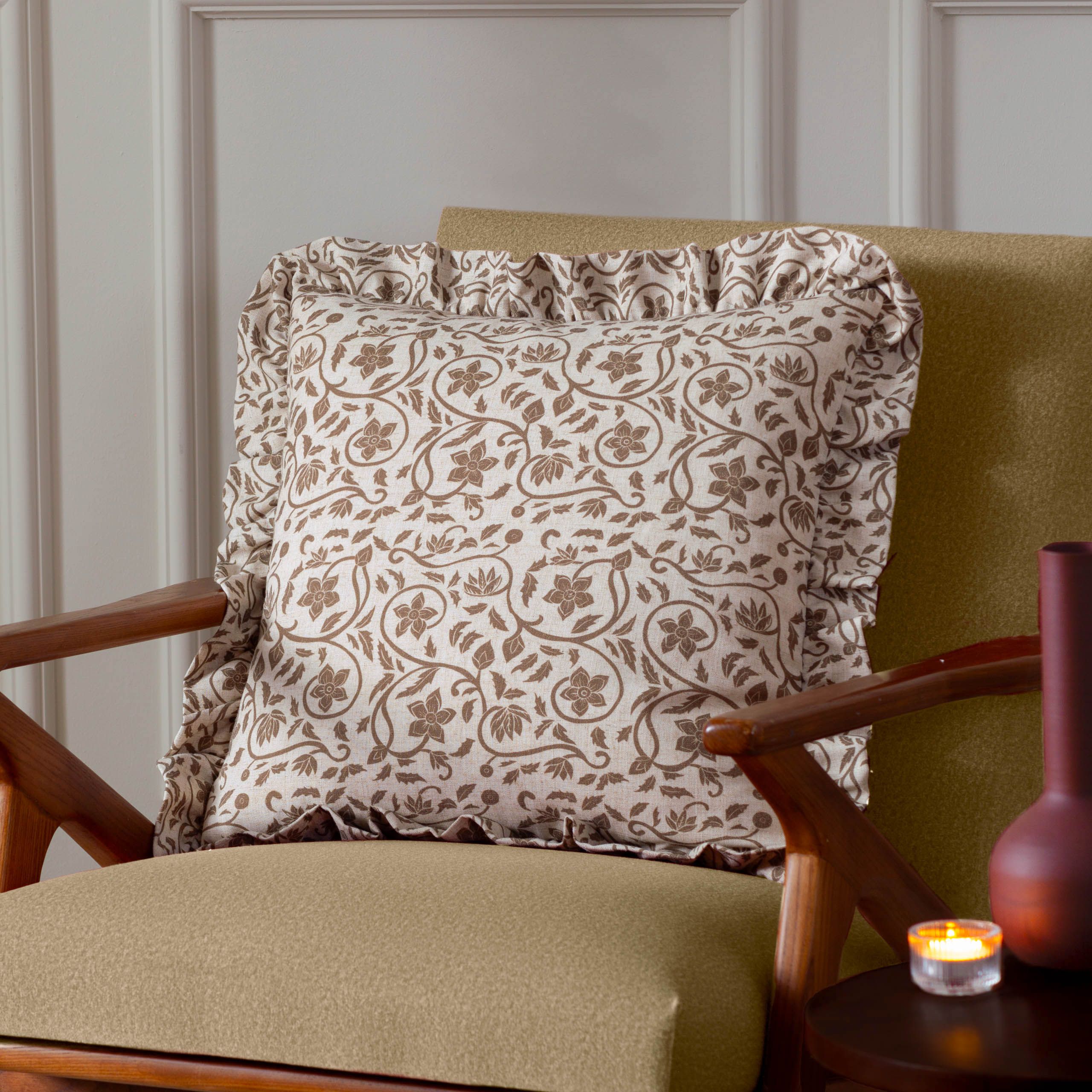 Paoletti Linen Filigree Printed Ruffle Cushion in Olive