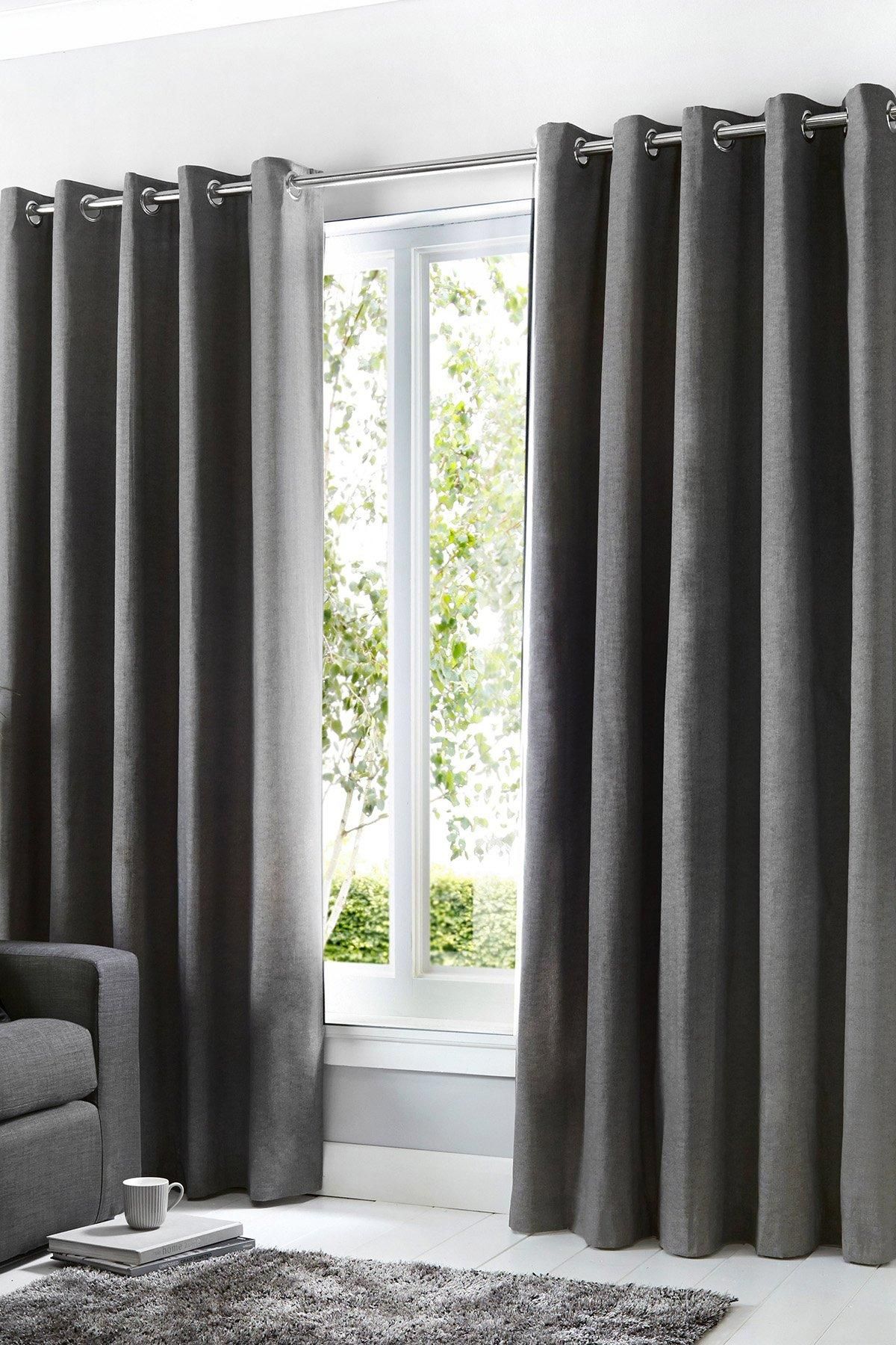 Fusion 'Sorbonne' 100% Cotton Light Filtering Plain Dyed Eyelet Curtains in Charcoal