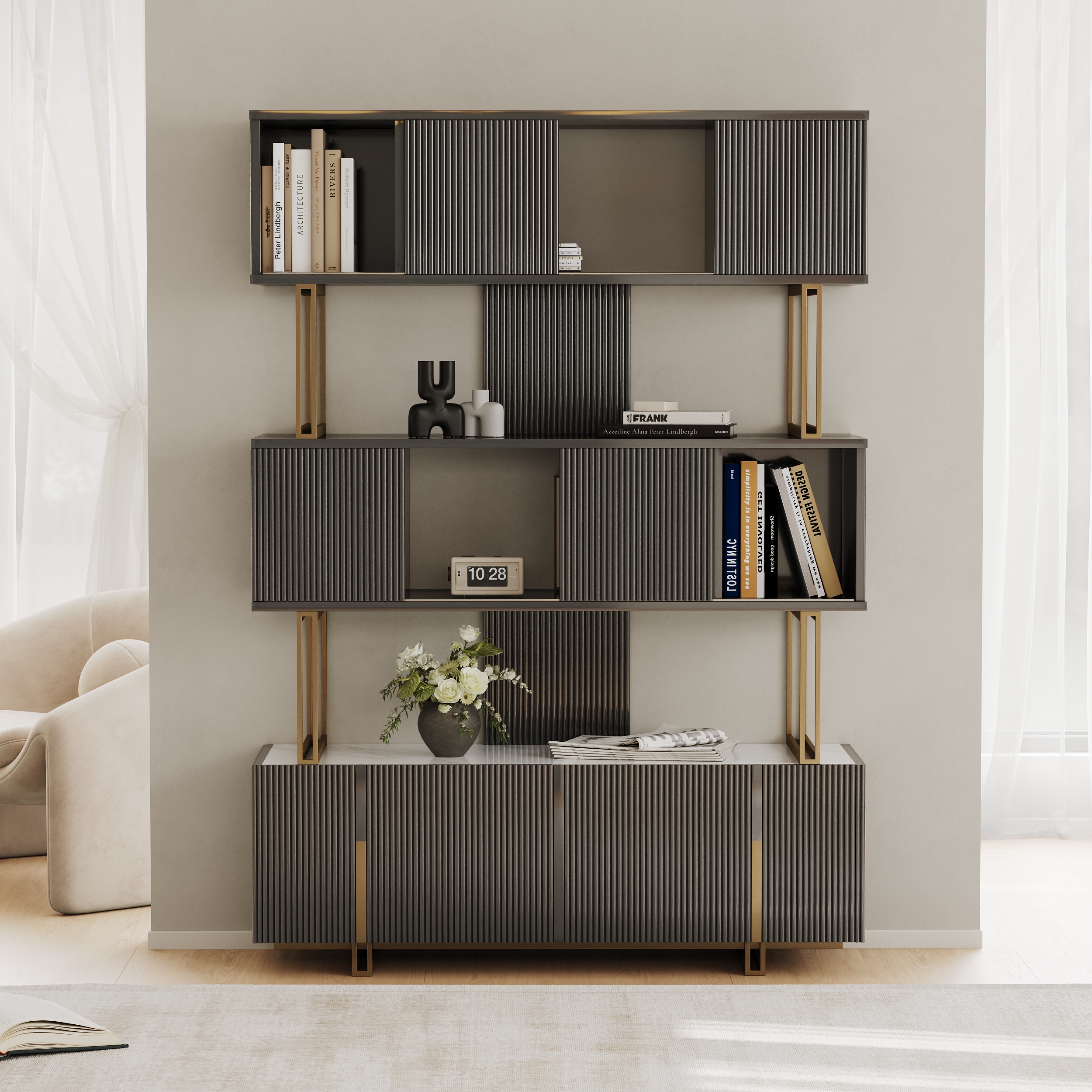5-Shelf Glossy Black Bookshelf Etagere Tall Bookcase for Home & Office 170 cm